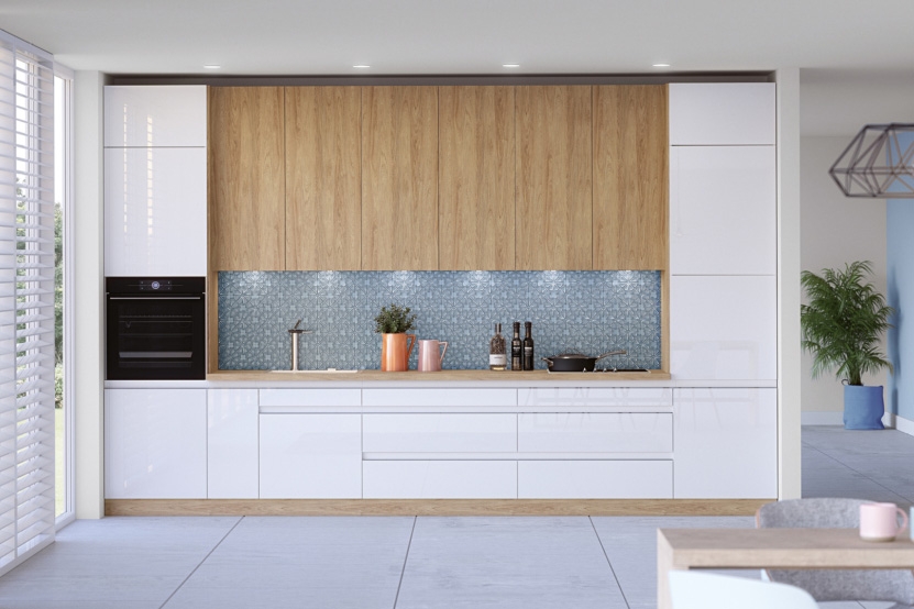 Vysoká kuchyňská skříň Campari DK20/2137 otevřená s policemi kolekce nábytku kuchennych Campari - Zbarvení předních části Bílý lesk i hikora přírodní 