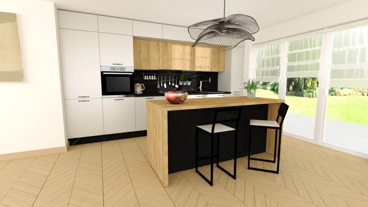 Kuchyňský ostrov KAM 180 cm - dub hikora / černý mat Wyspa kuchyňská KAM 180cm - dub hikora / černá mat