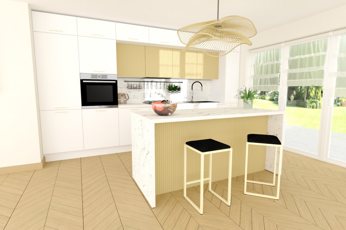 Kuchyňský ostrov Kammono 120 cm - mramor carrara / lamele karmel Wyspa kuchyňská KAMMONO 120cm - mramor carrara / lamele karmel