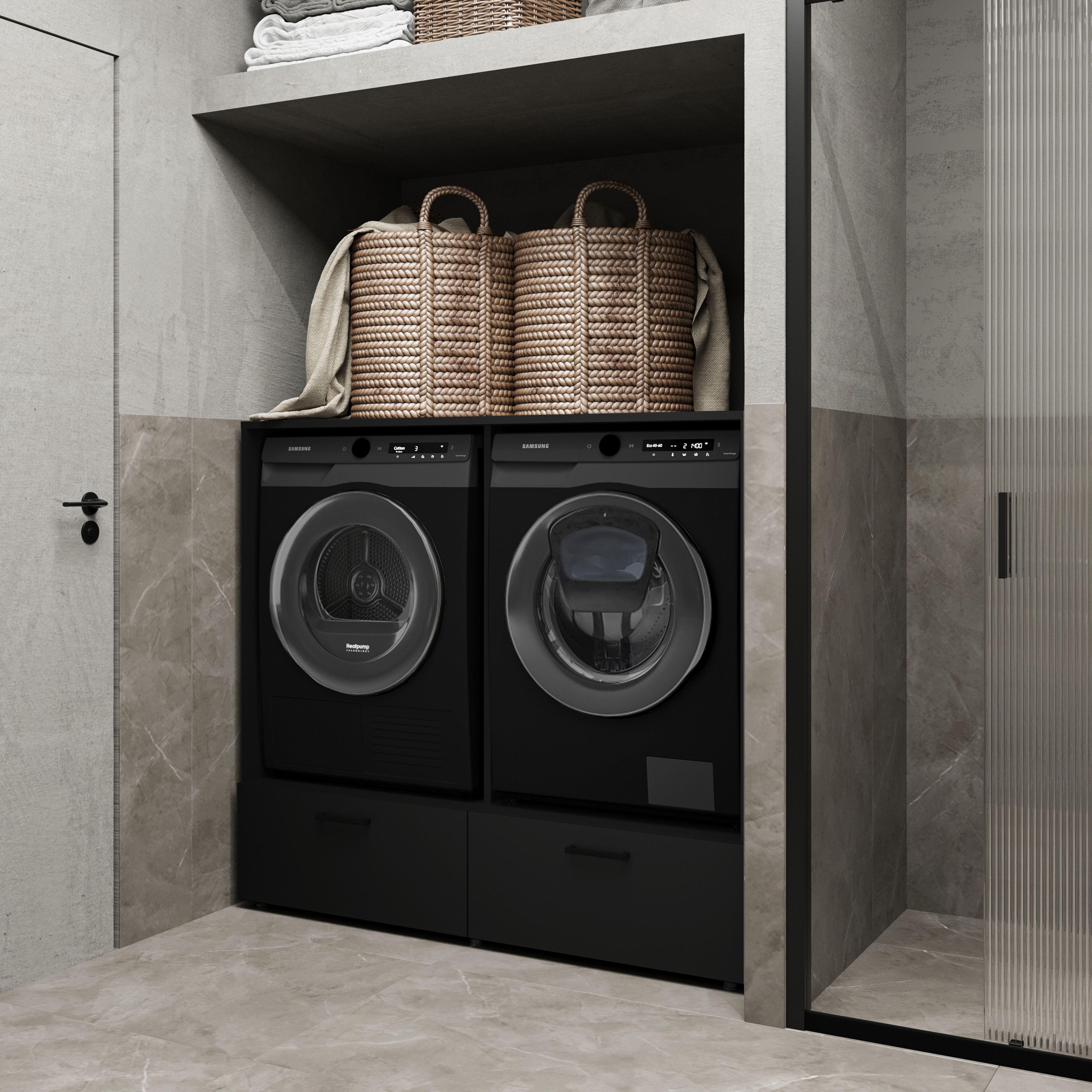 Skrinka na práčku a sušičku Rosa so zásuvkami - čierny ónyx Zabudowa na pralke / suszarke Rosa so zásuvkami - Čierny onyx