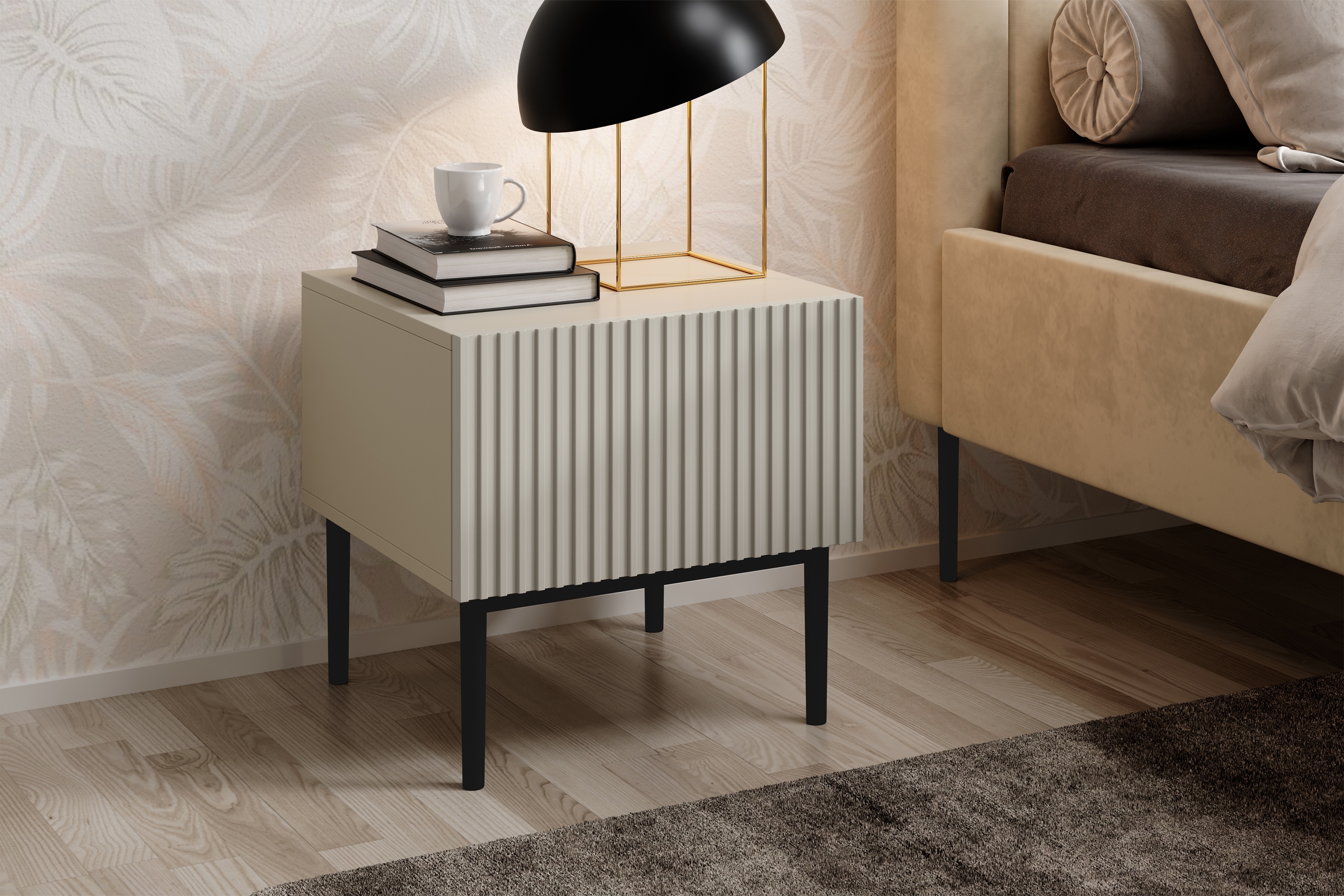 Sada nočních stolků Nicole 46 cm - kašmír / černé nožky Komplet 2 ks Noční stolek stolek Nicole z szuflada i metalowymi nogami - kašmír / černá nozki