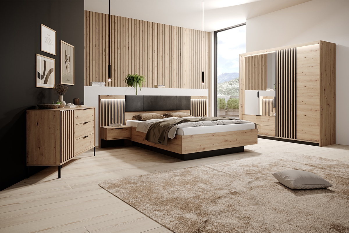 Spálňa Pavero posteľ i Nočné stolíky - Dub artisan/Antracitová Komplet do spálne Pevaro posteľ i Nočné Stôlíky - Dub artisan/Antracytová