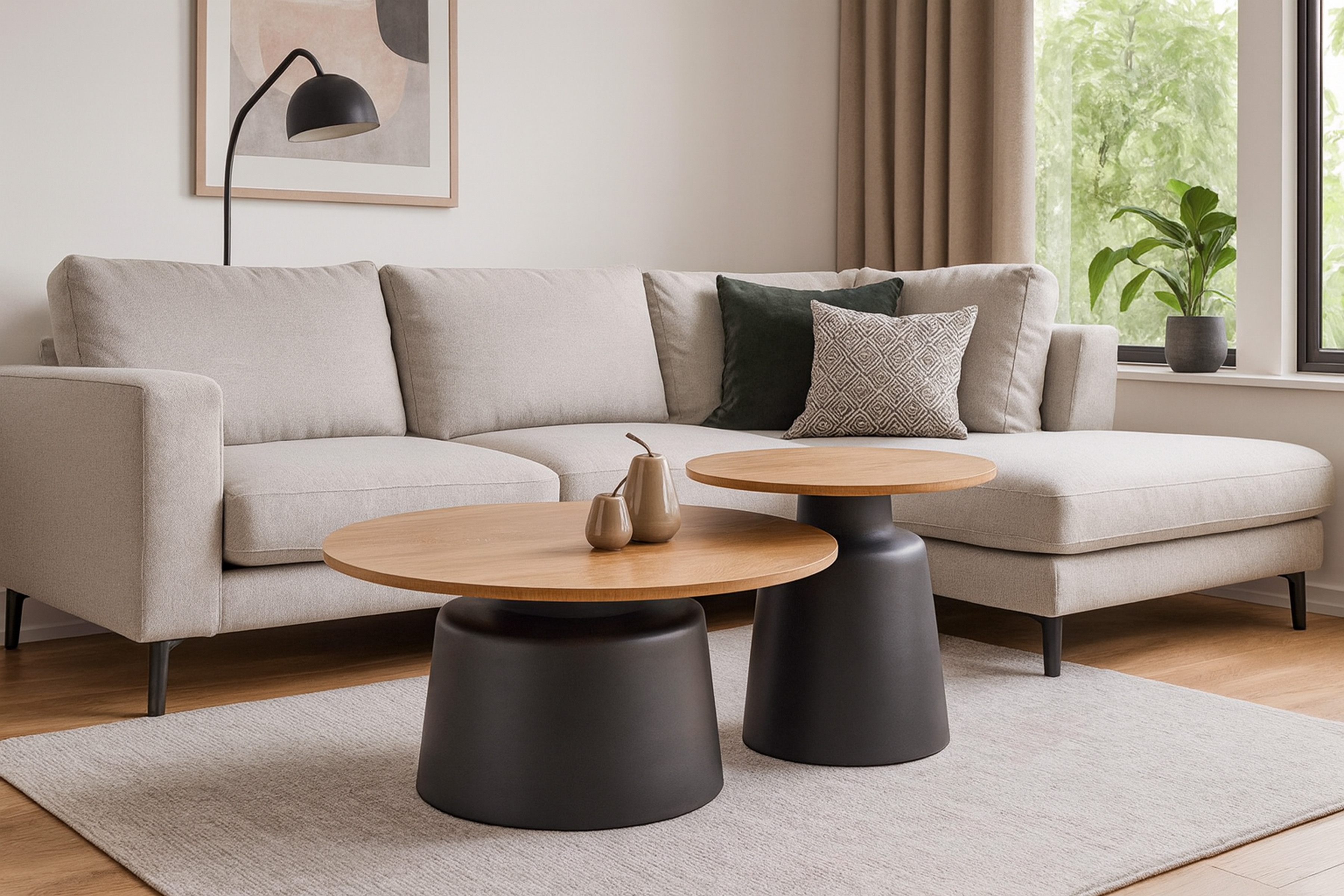 Sada konferenčných stolíkov Malomi - prírodný dekor / čierne nožičky Komplet law Malomi do obývacej izby - prírodné / Čierny