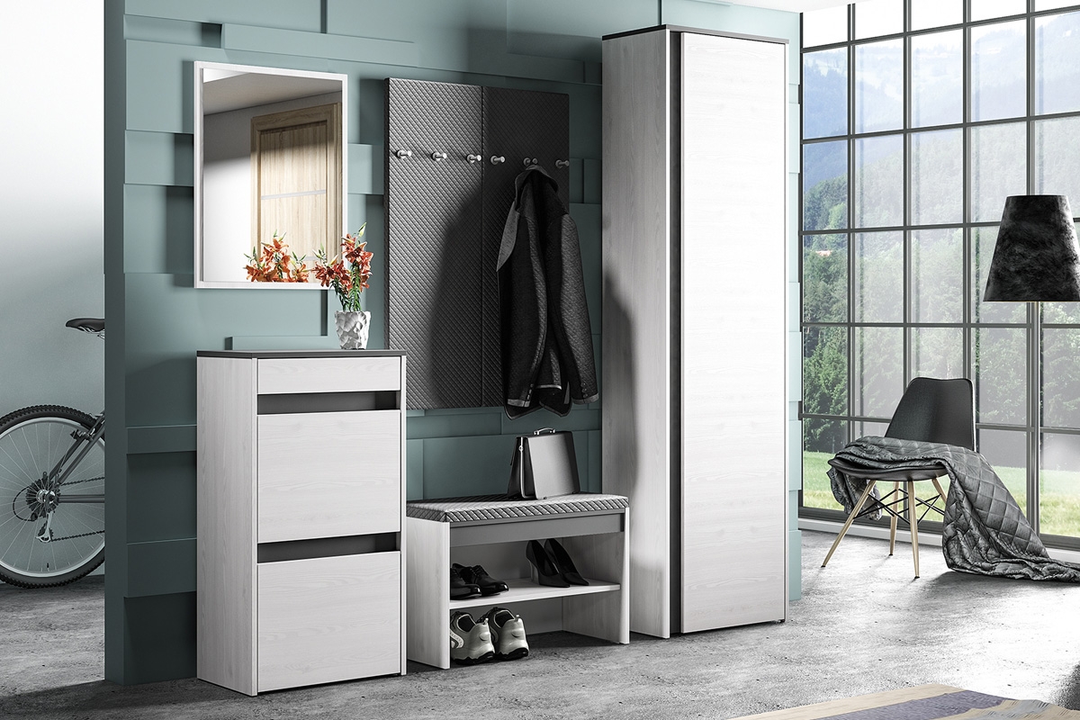 Predsieňová zostava Arachi II - sivý sedák / borovica snežná / antracitová Komplet nábytku do predsienie