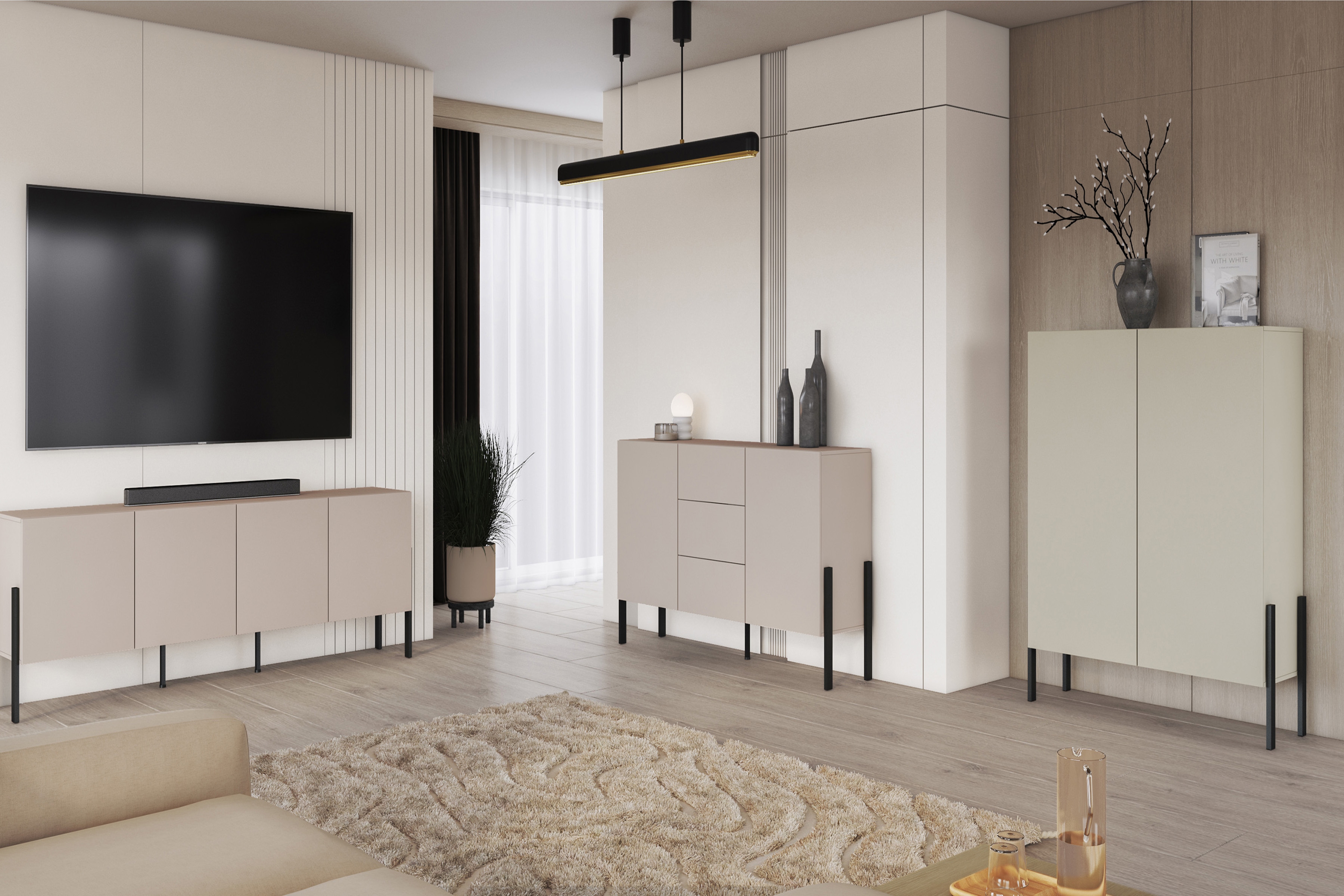 Zostava Jukon do obývačky - TV stolík + 2 komody - kašmírová / čierna Komplet nábytku do obývacej izby Jukon s dvoma komodami  - kašmír / čierny nožičky