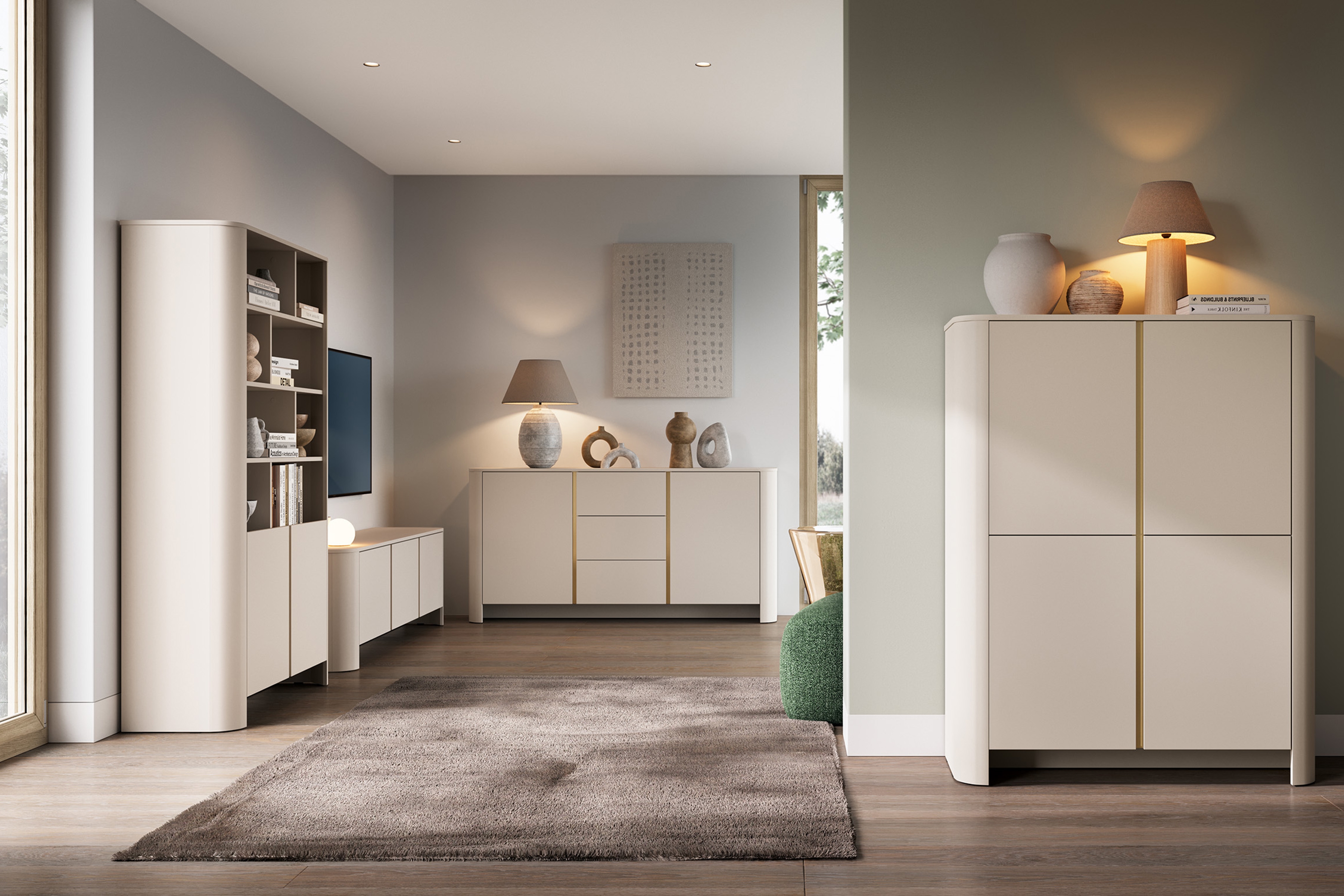 Sada nábytku do obývačky Sorrenti - kašmírová / zlaté nožičky Komplet nábytku do obývacej izby Sorrenti - kašmír / zlaté