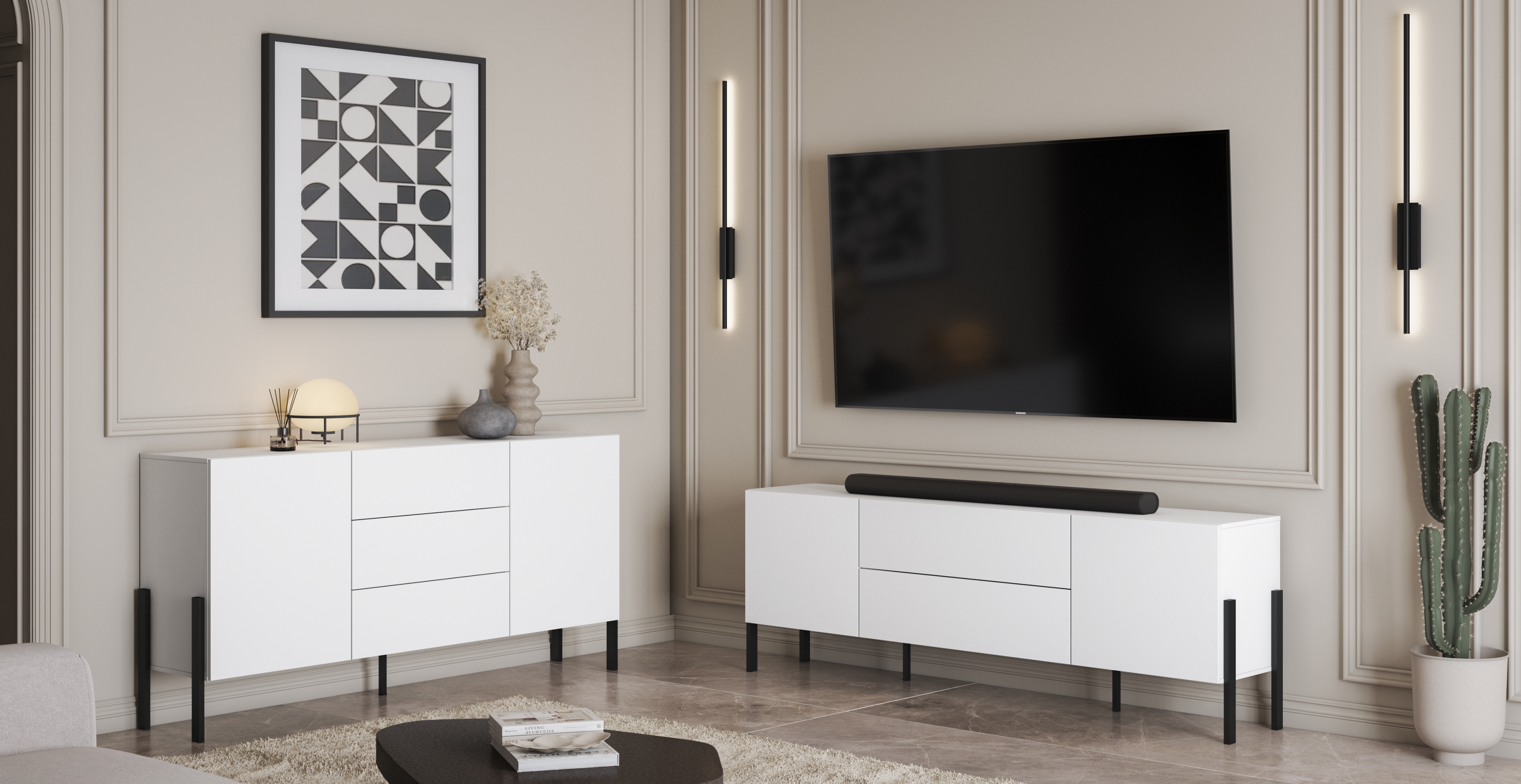 Komplet nábytku do obývacej izby s dvoma komodami - Biely supermat / čierny nožičky  Komplet nábytku do obývacej izby s dvoma komodami - Biely supermat / čierny nožičky 