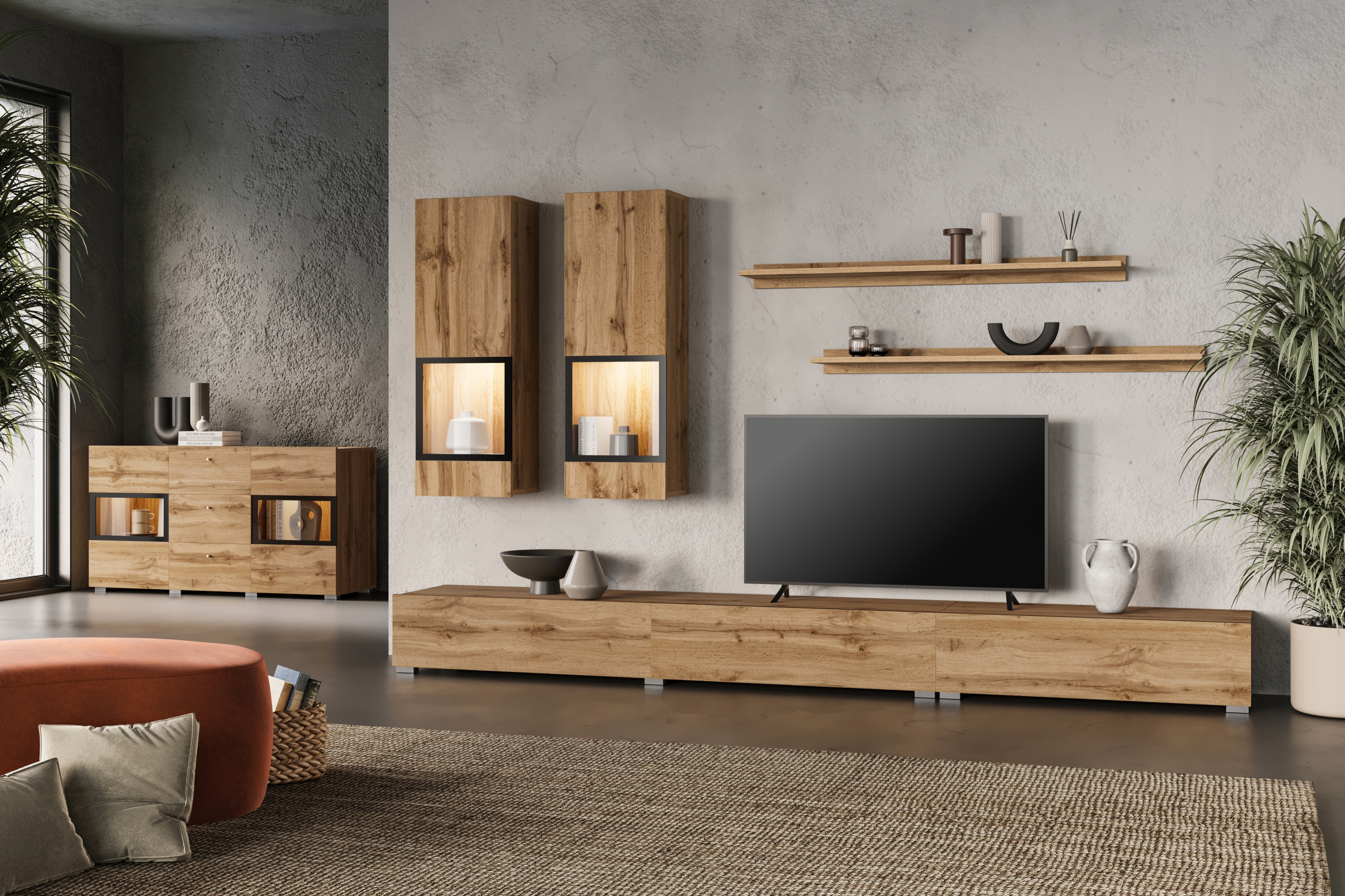 Sada nábytku do obývacího pokoje Baros - dub wotan Komplet nábytku pro obývacího pokoje z mebloscianka i komoda Baros - dub wotan