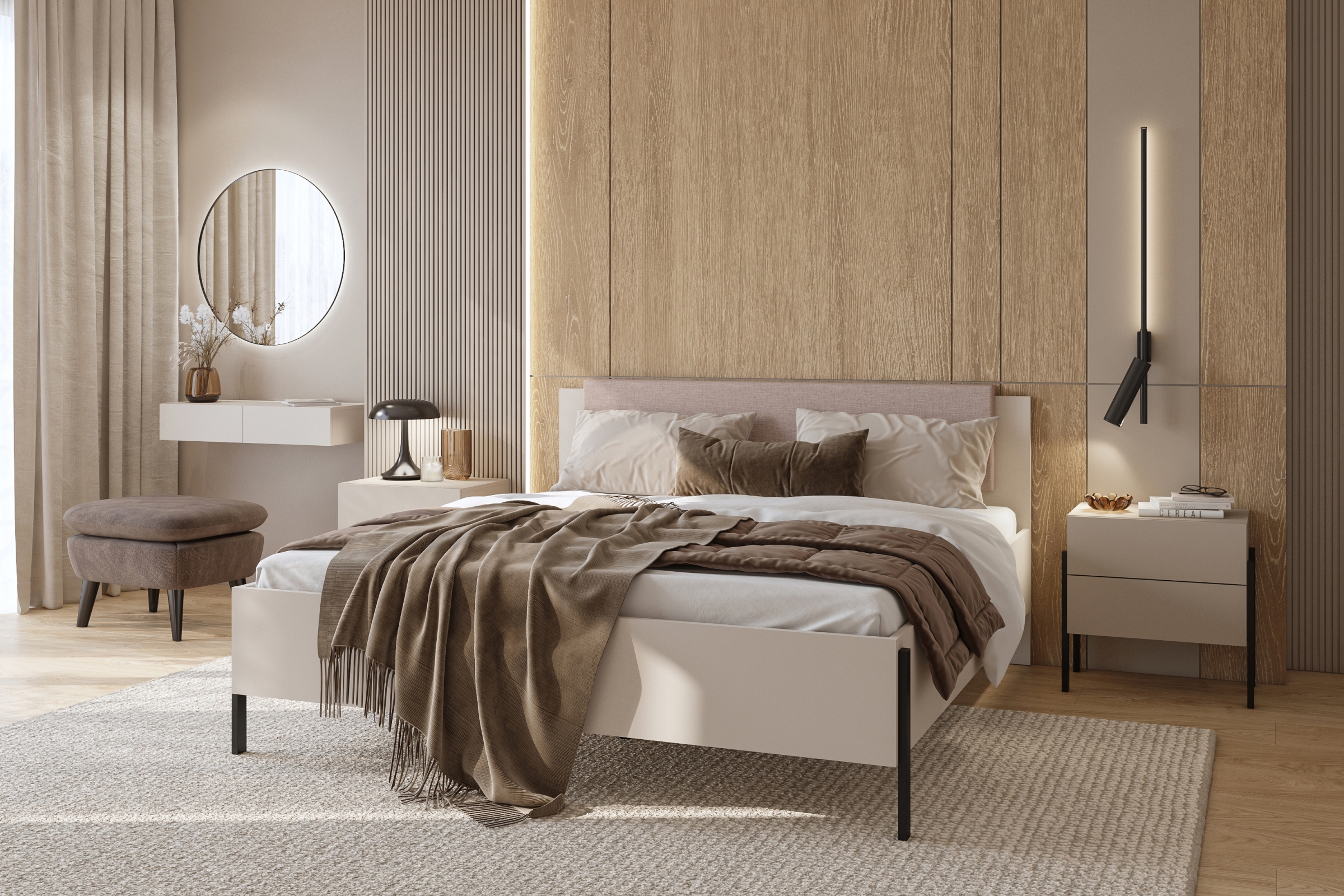 Ložnicová sestava Jukon s postelí s úložným prostorem 180x200 cm - kašmírová / černé nožky Komplet nábytku pro ložnice Jukon Postel s úložným prostorem180x200 cm, Noční stolky i Toaletní stolek z zrcadlem - kašmír / černé nožičky