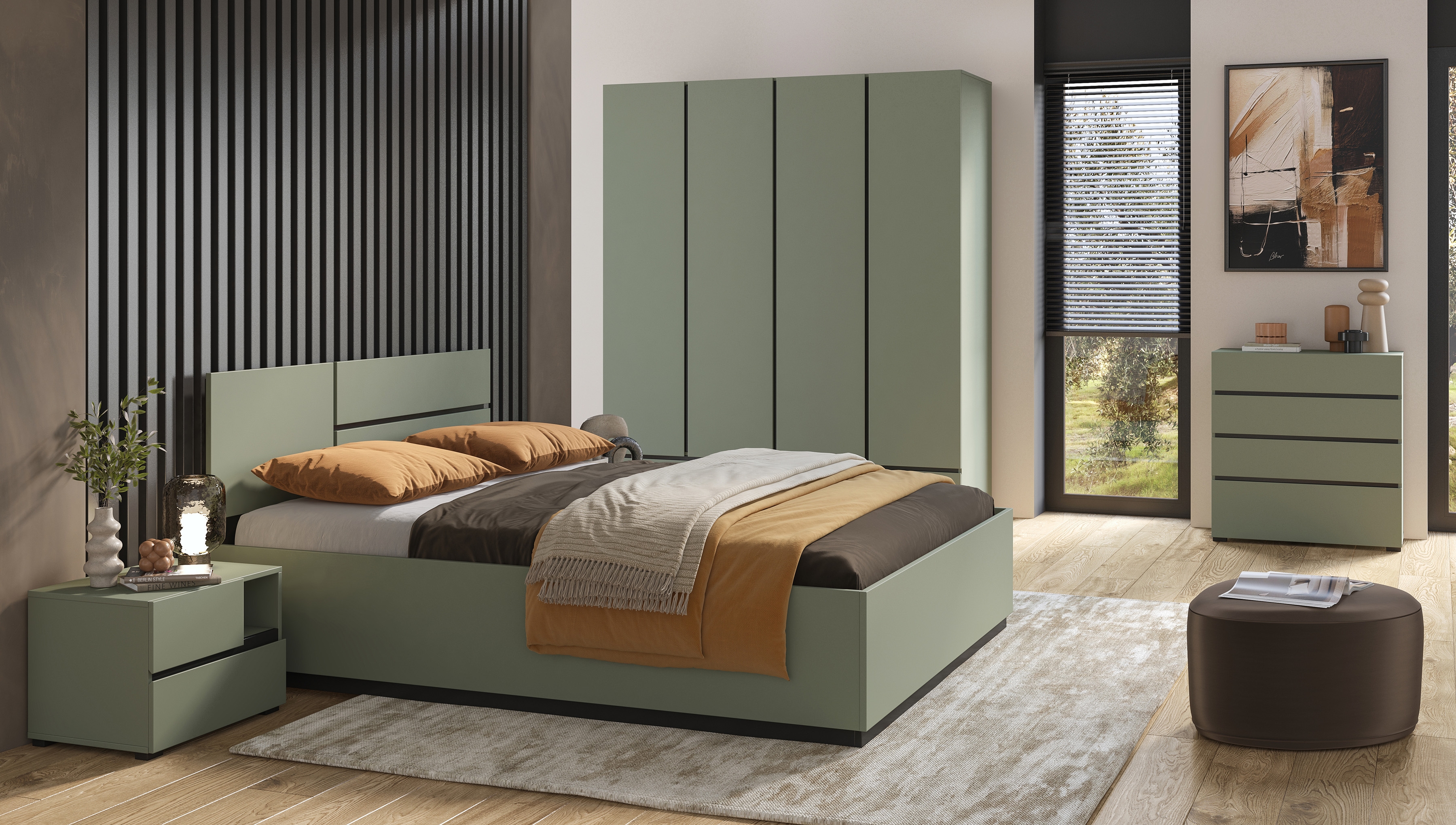 Ložnicová sestava Cross s postelí 160x200 cm – tlumená zelená / černá Komplet nábytku pro ložnice z lozkiem 160x200 cm - zgaszona zelená / zgaszona zelená - černá