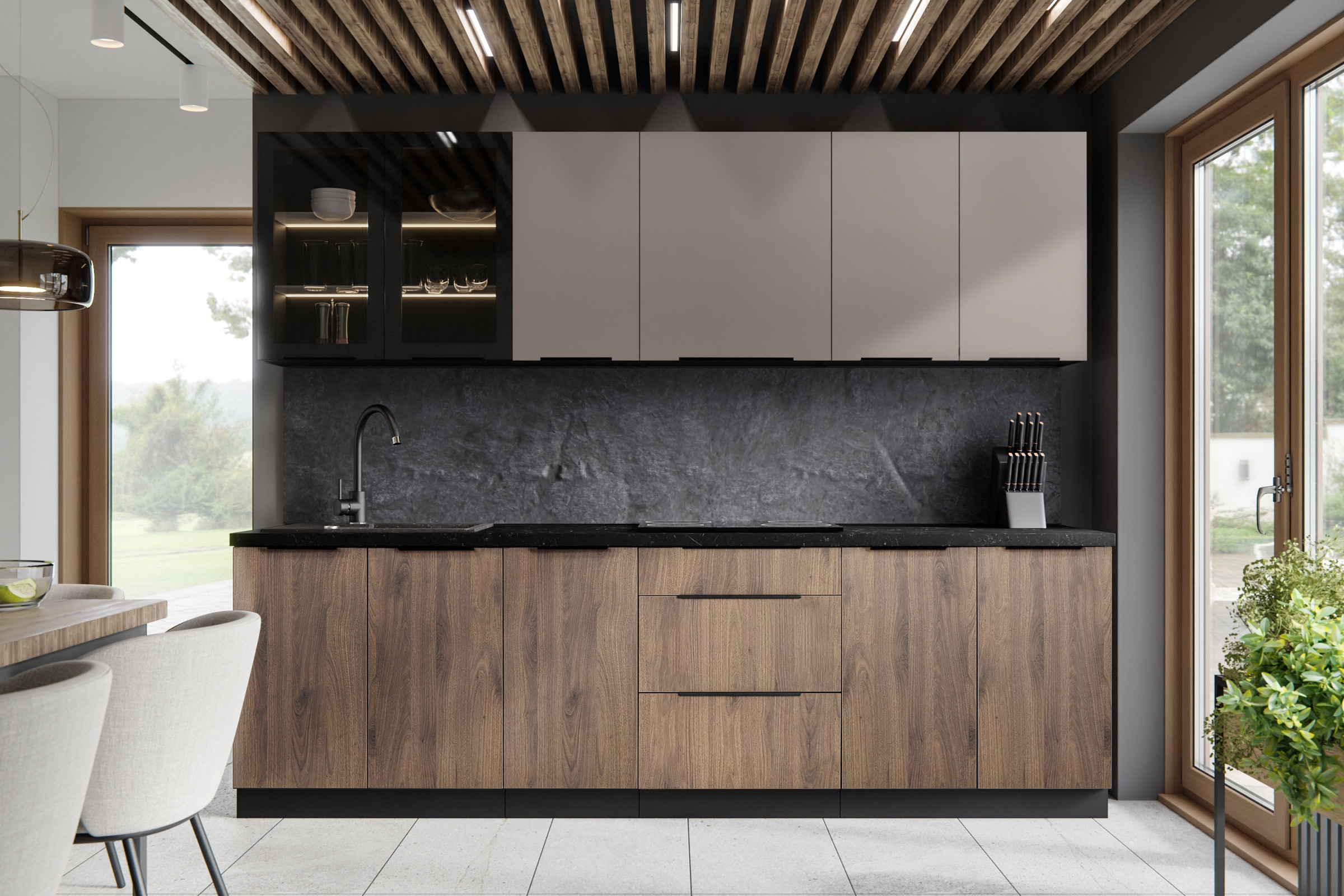 Kuchyňská sestava Armonza 260 cm - ořech / kašmír Komplet nábytku kuchennych Armonza 260cm - ořech / kašmír