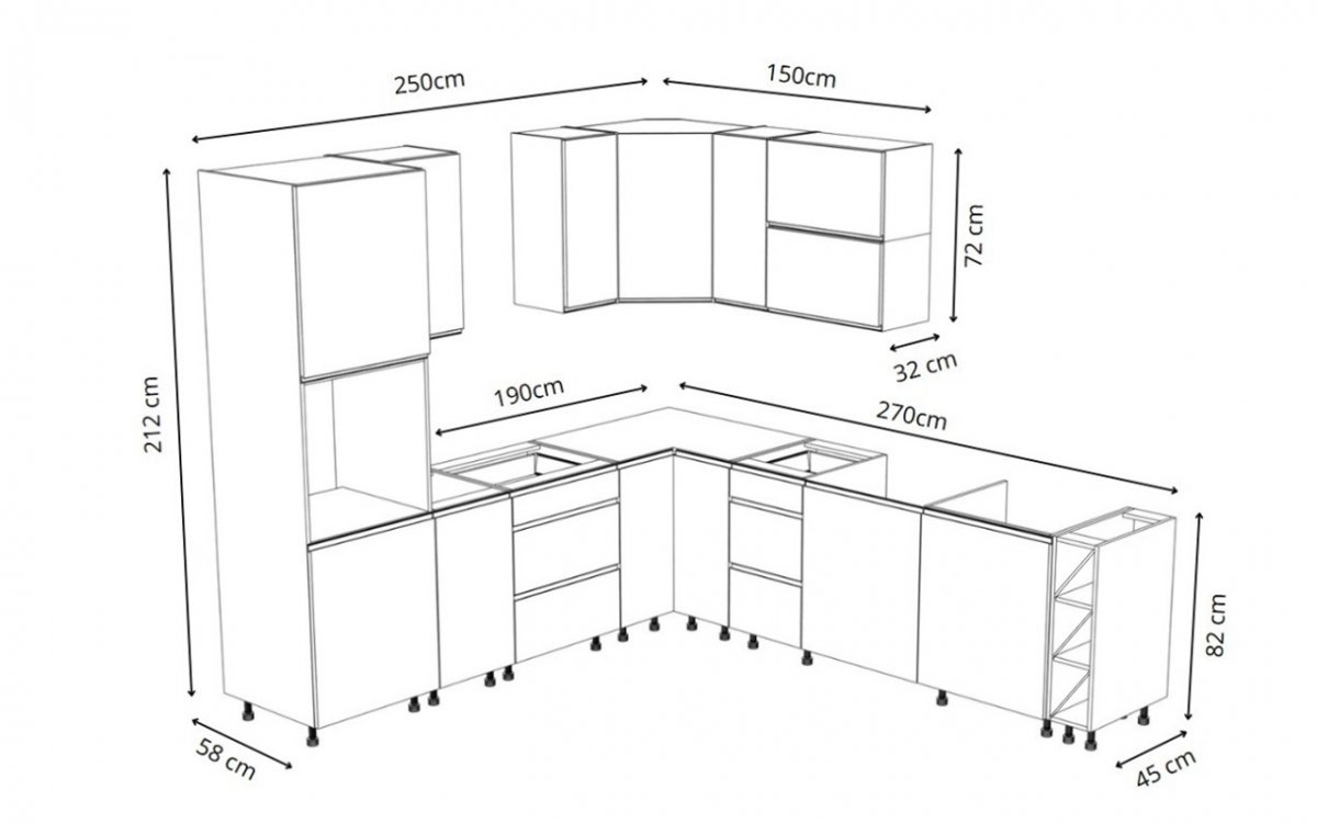 Kuchyňská sestava Aspen 250x270 cm – bílý lesk Komplet nábytku kuchennych Aspen 250x270cm - bílý lesk