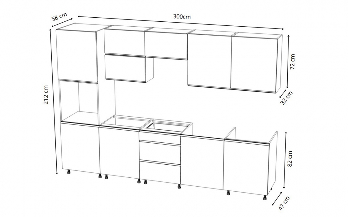 Kuchyňská sestava Aspen 300 cm – šedý lesk Komplet nábytku kuchennych Aspen 300cm - šedý lesk