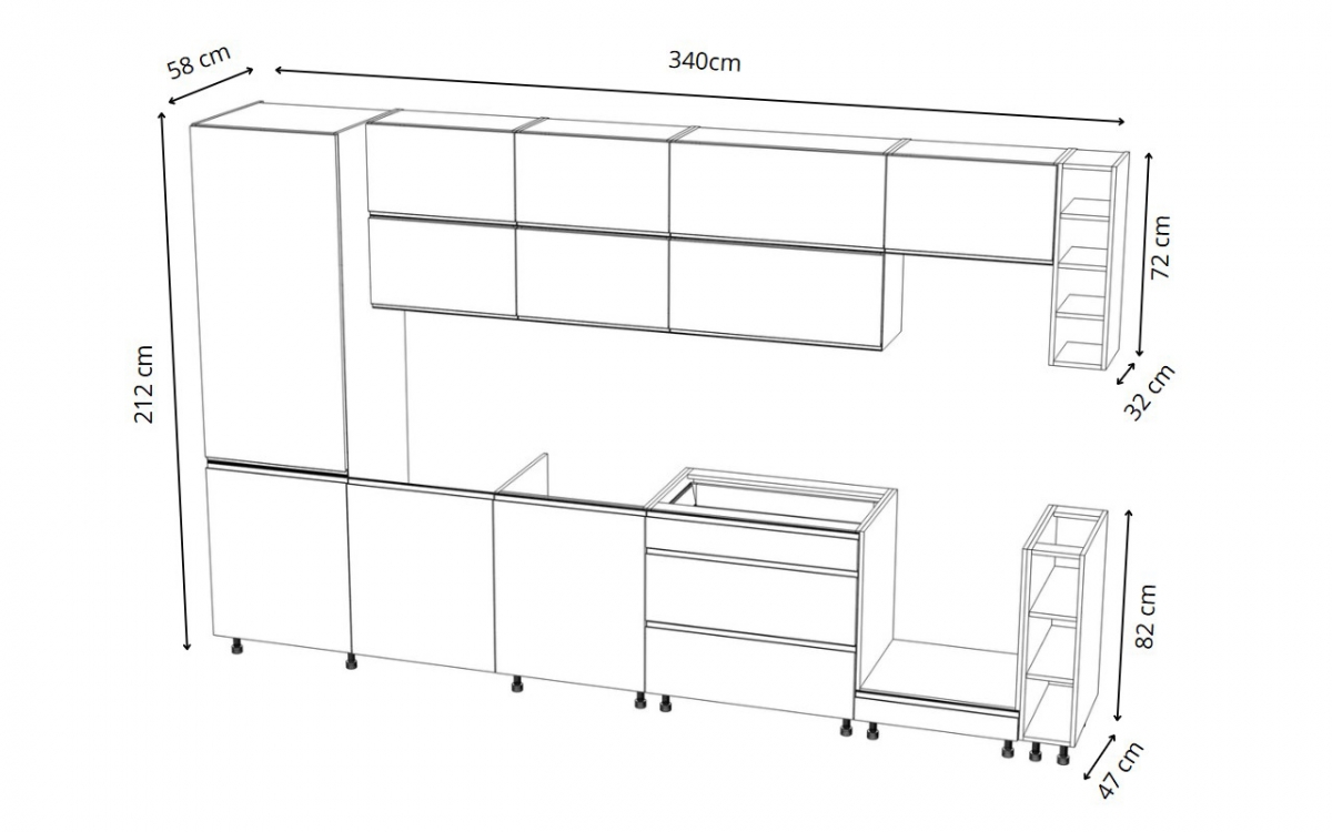 Kuchyňská sestava Aspen 340 cm – šedý lesk Komplet nábytku kuchennych Aspen 340cm - šedý lesk