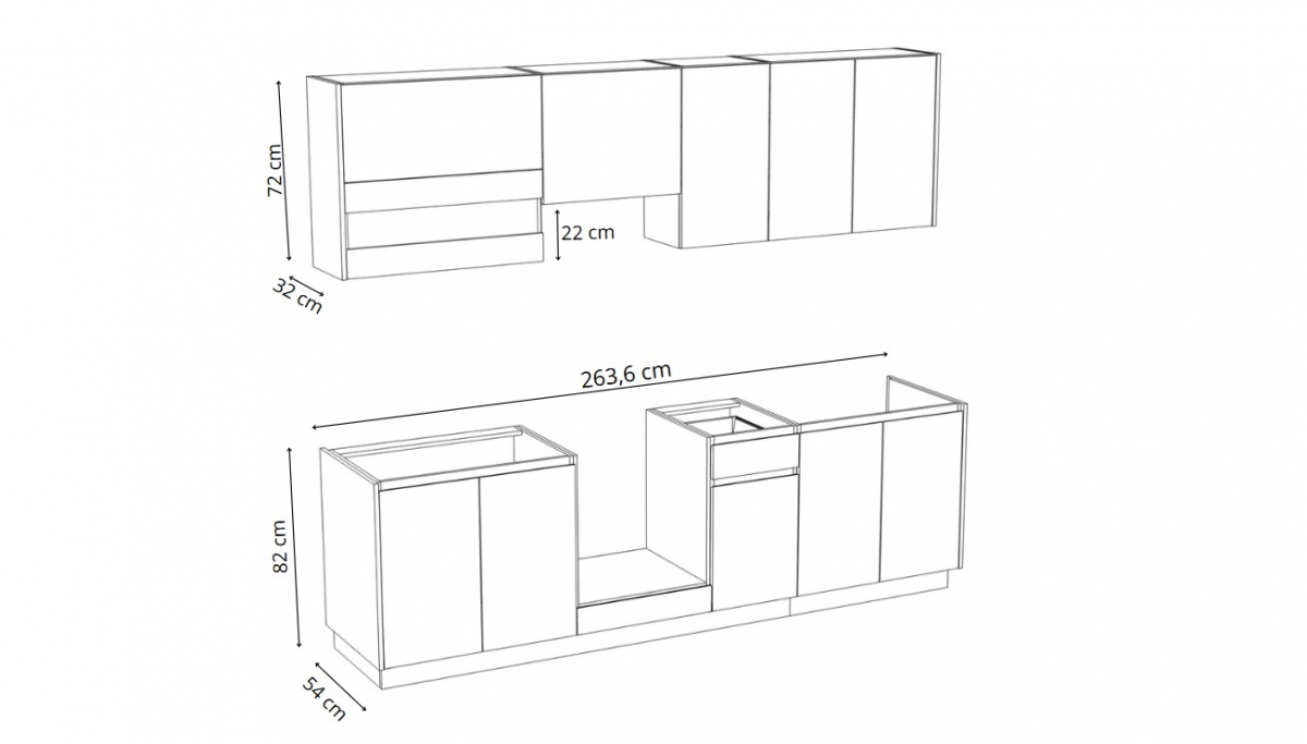 Kuchynská zostava Campari 260 cm – biely mat / prírodná hikora Komplet nábytku kuchynského Campari 260cm - biely mat / hikora prírodná