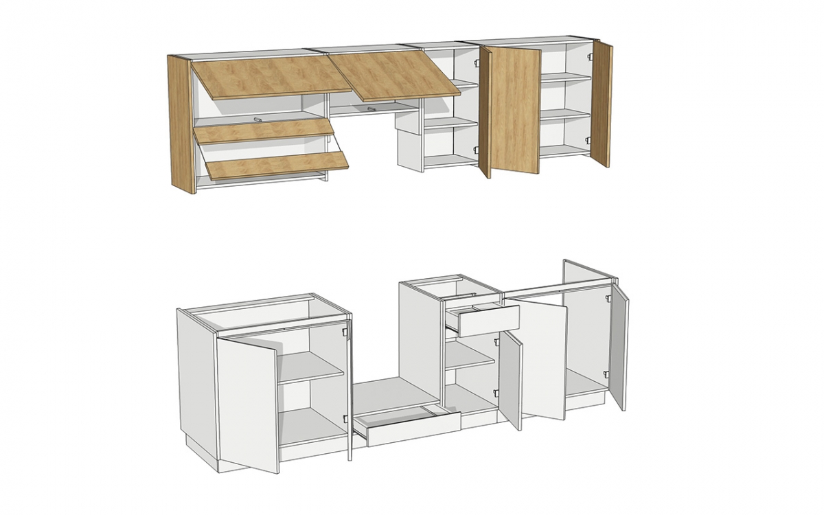 Kuchynská zostava Campari 260 cm – biely mat / prírodná hikora Komplet nábytku kuchynského Campari 260cm - biely mat / hikora prírodná