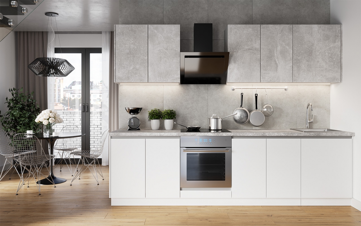 Kuchynská zostava Campari 280 cm – biely mat / svetlý betón atelier Komplet nábytku kuchynského Campari 280cm - biely mat / beton svetlý atelier