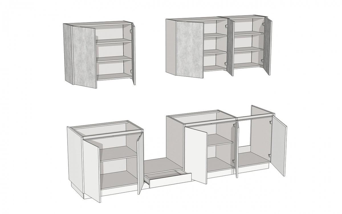 Kuchynská zostava Campari 280 cm – biely mat / svetlý betón atelier Komplet nábytku kuchynského Campari 280cm - biely mat / beton svetlý atelier