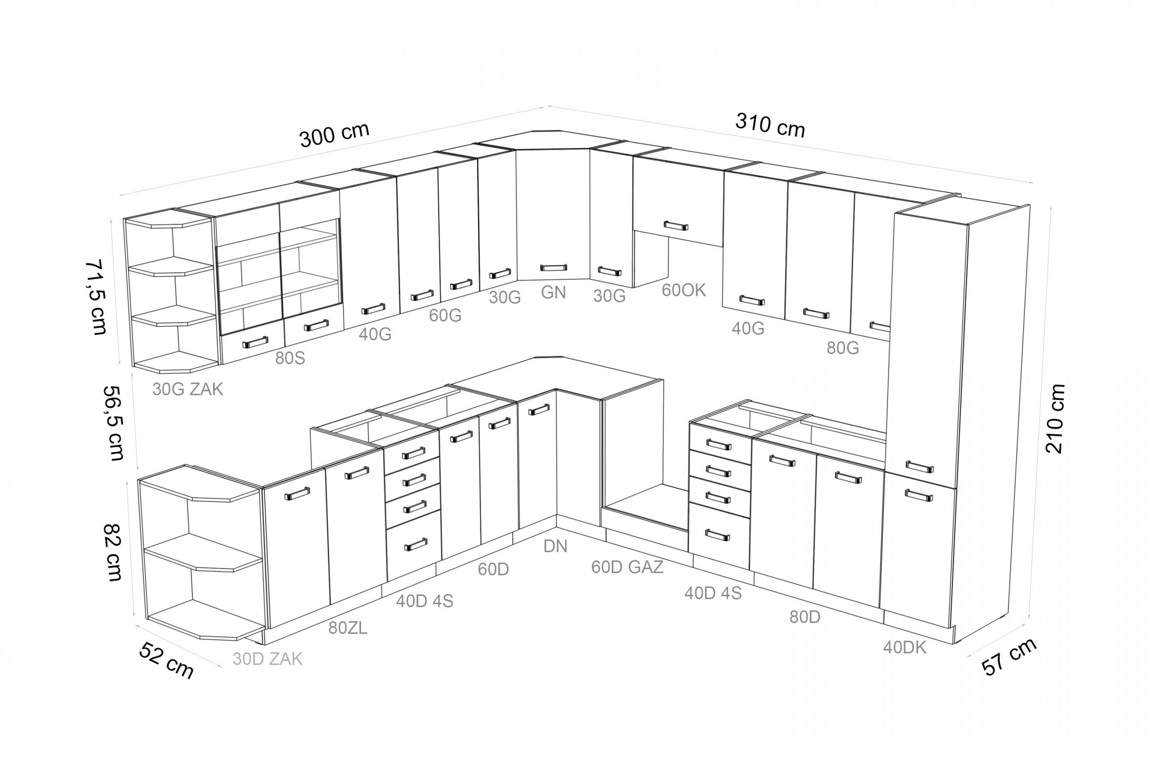 Kuchynská zostava Elko 300x310 cm - biela Komplet nábytku kuchynského Elko 300x310cm - Biely