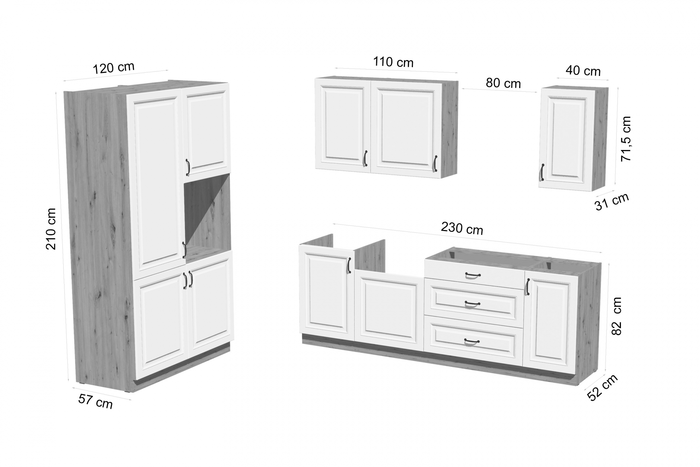 Kuchynská zostava Estella 120x230 cm - biely mat / dub artisan Komplet nábytku kuchynského Estella 120x230cm - biely mat / Dub artisan