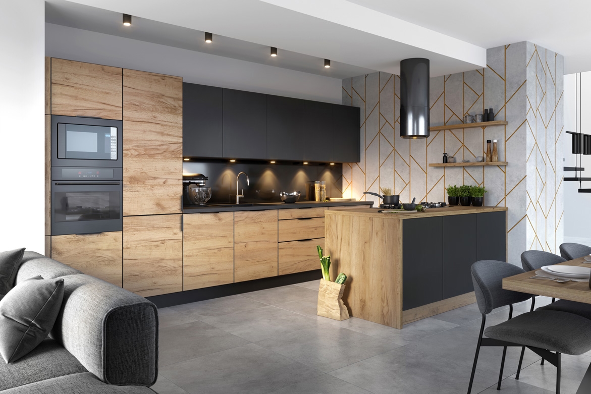 Kuchyňská sestava Kammono 380 cm s ostrůvkem – K2 dub zlatý / P4 černý mat Komplet nábytku kuchennych Kammono 380cm z wyspa - K2 dub zlatá / P4 černá mat
