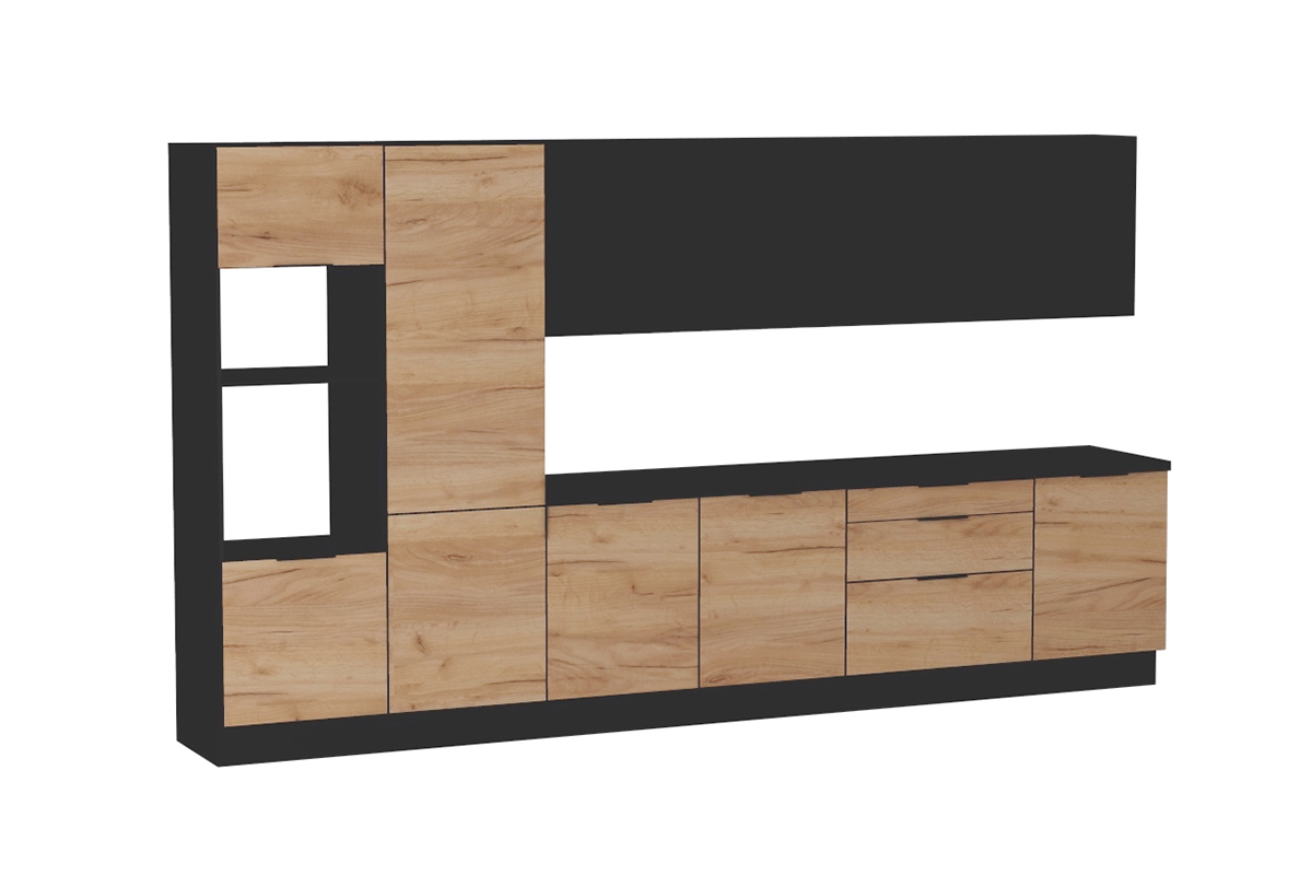 Kuchyňská sestava Kammono 380 cm s ostrůvkem – K2 dub zlatý / P4 černý mat Komplet nábytku kuchennych Kammono 380cm z wyspa - K2 dub zlatá / P4 černá mat