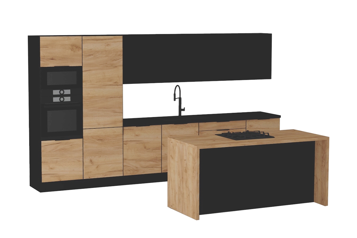 Kuchyňská sestava Kammono 380 cm s ostrůvkem – K2 dub zlatý / P4 černý mat Komplet nábytku kuchennych Kammono 380cm z wyspa - K2 dub zlatá / P4 černá mat