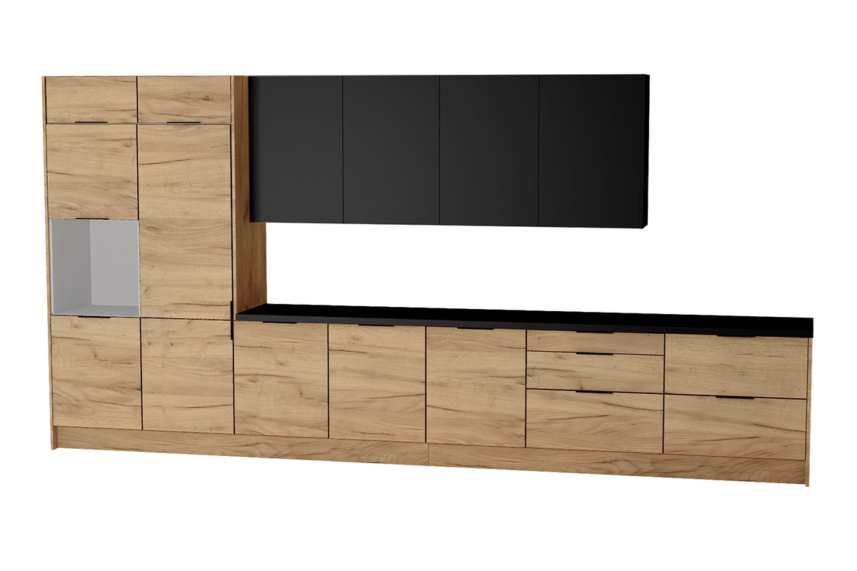 Kuchyňská sestava Kammono 460 cm – K2 dub zlatý / P4 černý mat Komplet nábytku kuchennych Kammono 460cm - K2 dub zlatá / P4 černá mat