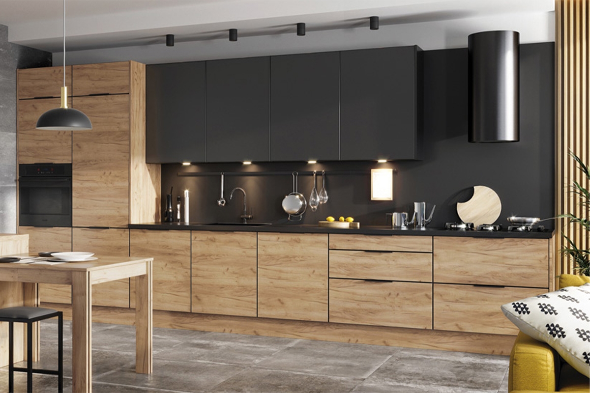 Kuchyňská sestava Kammono 460 cm – K2 dub zlatý / P4 černý mat Komplet nábytku kuchennych Kammono 460cm - K2 dub zlatá / P4 černá mat