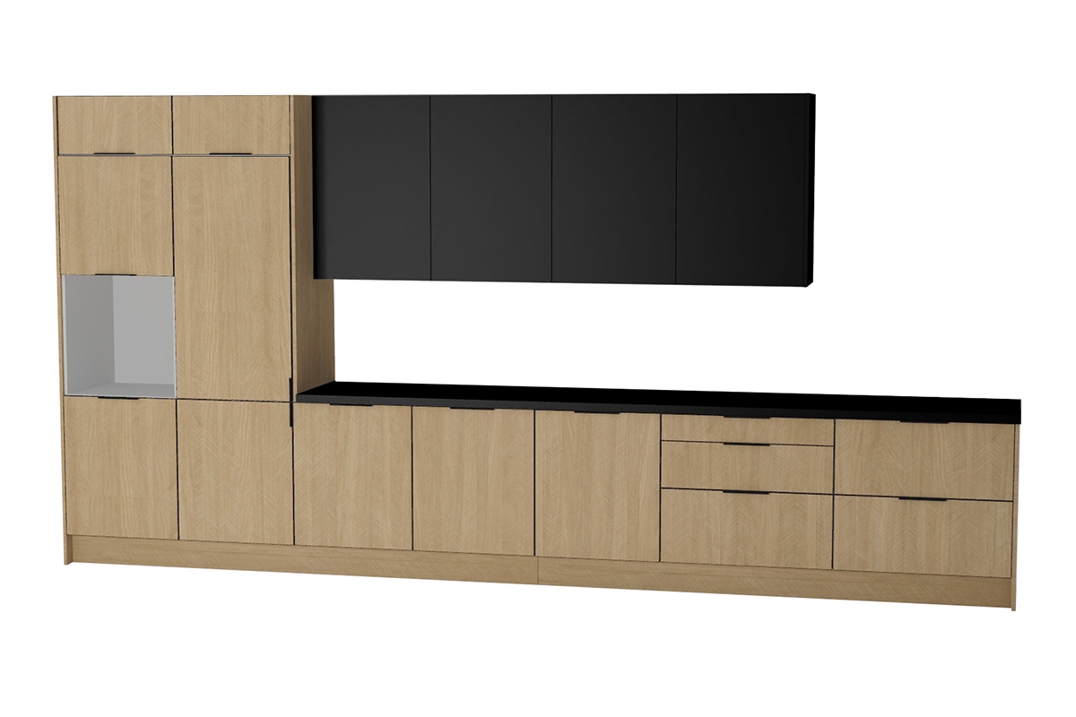 Kuchyňská sestava Kammono 460 cm – K2 dub rybí kost / P4 černý mat Komplet nábytku kuchennych Kammono 460cm - K2 jodelka / P4 černá mat
