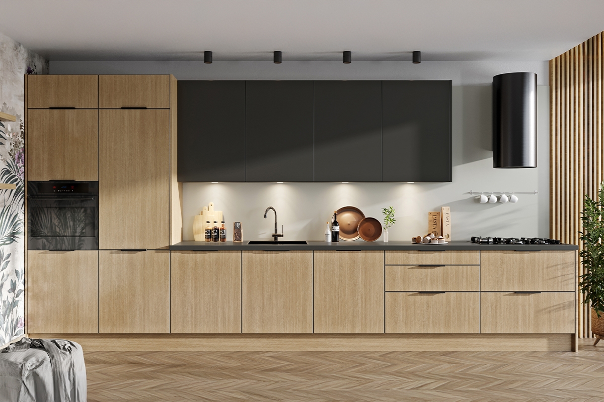 Kuchyňská sestava Kammono 460 cm – K2 dub rybí kost / P4 černý mat Komplet nábytku kuchennych Kammono 460cm - K2 jodelka / P4 černá mat