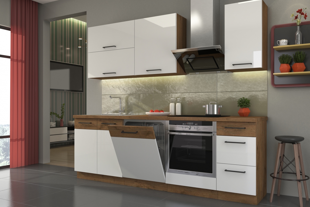 Kuchyňská linka Vindigo Bolt 240 cm - dub lancelot / bílý lesk Komplet nábytku kuchennych Vindigo Bolt 240cm - Dub lancelot / Bílý lesk