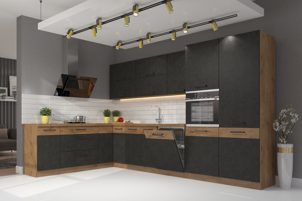 Kuchyňská linka Vindigo Bolt 350x210 cm - dub lancelot / šedá matera Komplet nábytku kuchennych Vindigo Bolt 350x210cm - Dub lancelot / matera 