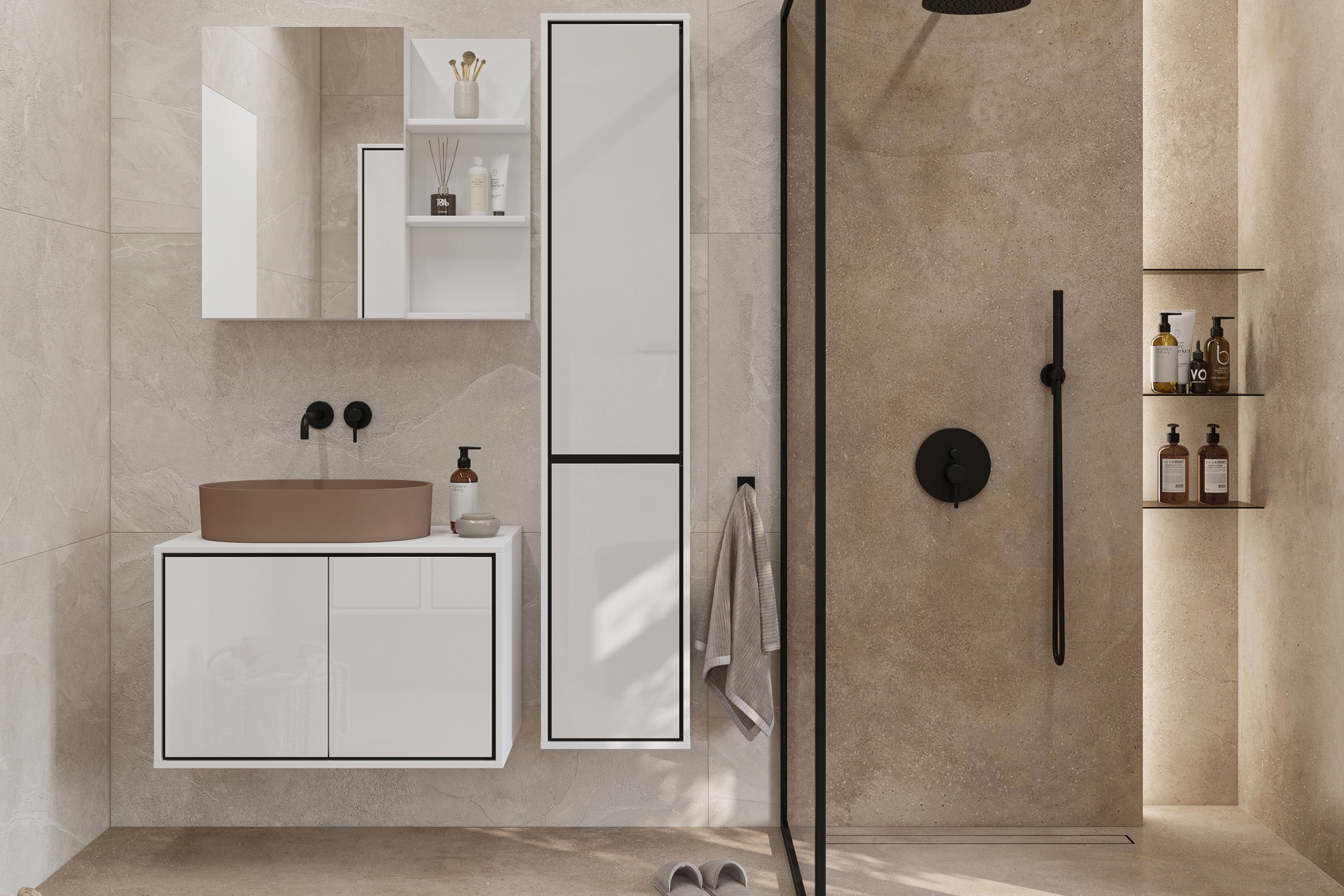 Kúpeľňový nábytok Irvine - bielo-čierna / biely lesk Komplet nábytku lazienkowych Irvine - Biely-čierny / biela lesk