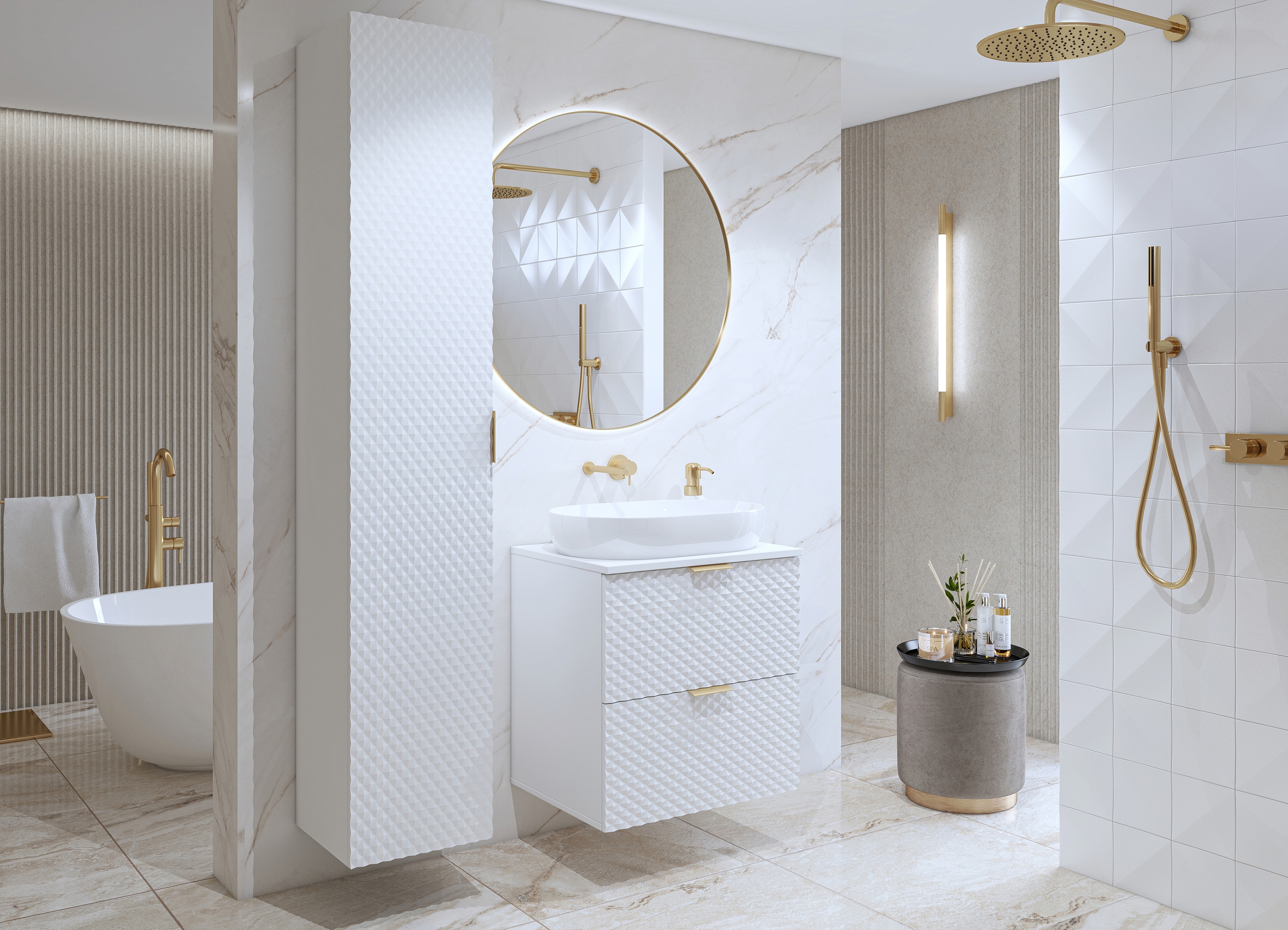 Kúpeľňový nábytok Laura I - biela / biely mat Komplet nábytku lazienkowych Laura I - biela / biela mat piramidki