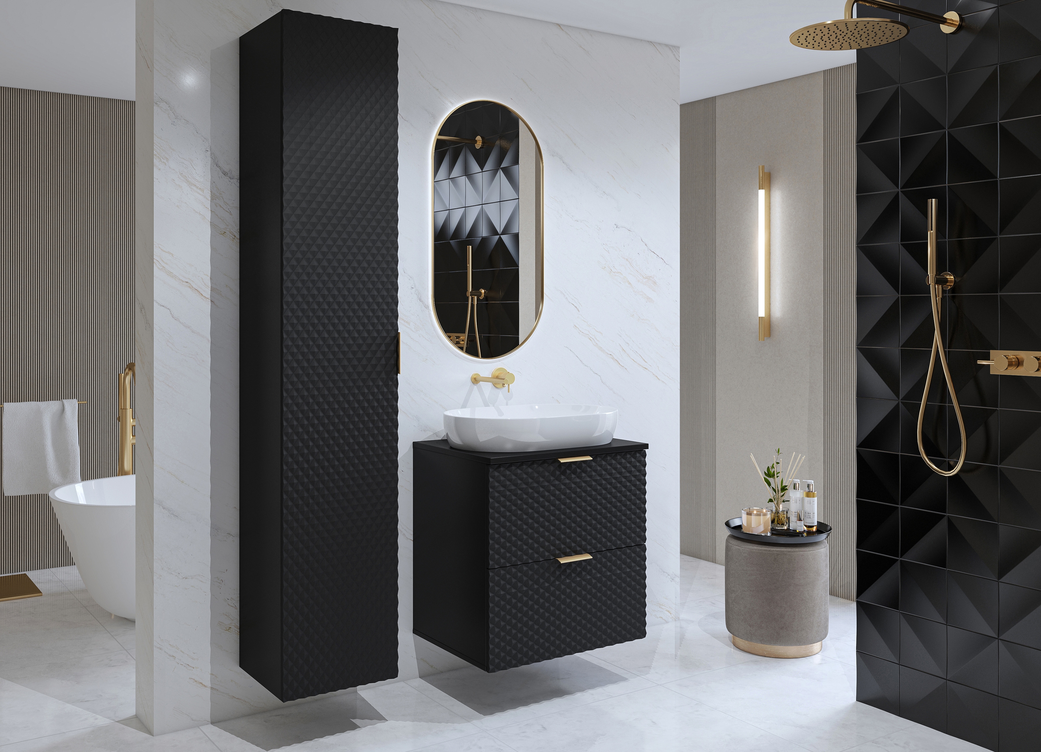 Kúpeľňový nábytok Laura I - čierny ónyx / čierny mat Komplet nábytku lazienkowych Laura I - Čierny onyx / Čierny - piramidki 