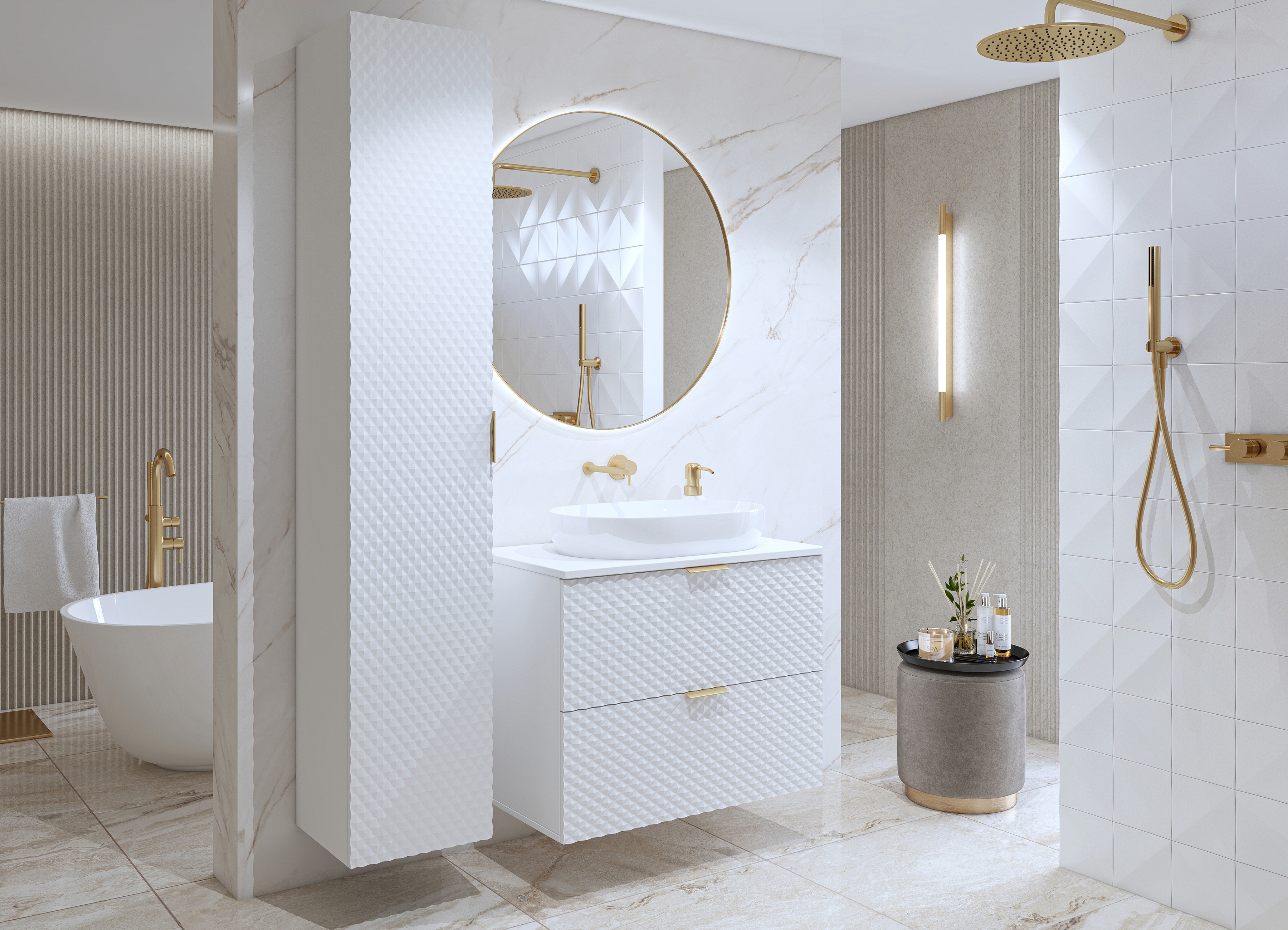 Kúpeľňový nábytok Laura II - biela / biely mat Komplet nábytku lazienkowych Laura II - biela / biela mat piramidki