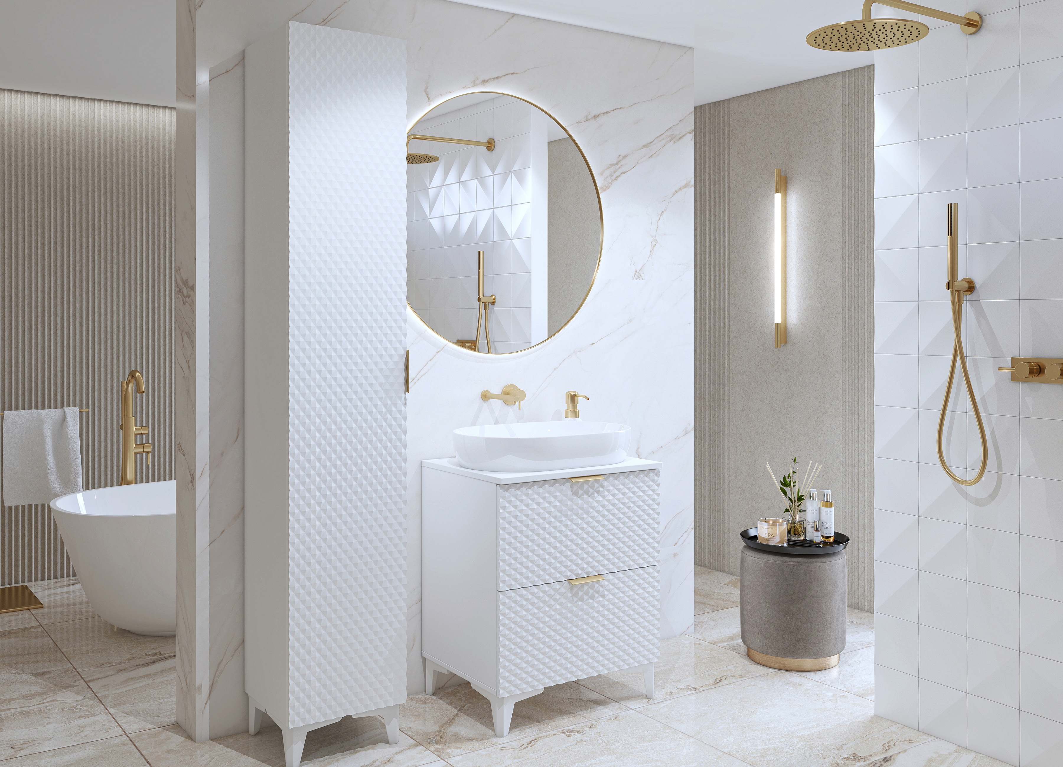 Kúpeľňový nábytok Laura III - biela / biely mat Komplet nábytku lazienkowych Laura III - biela / biela mat piramidki