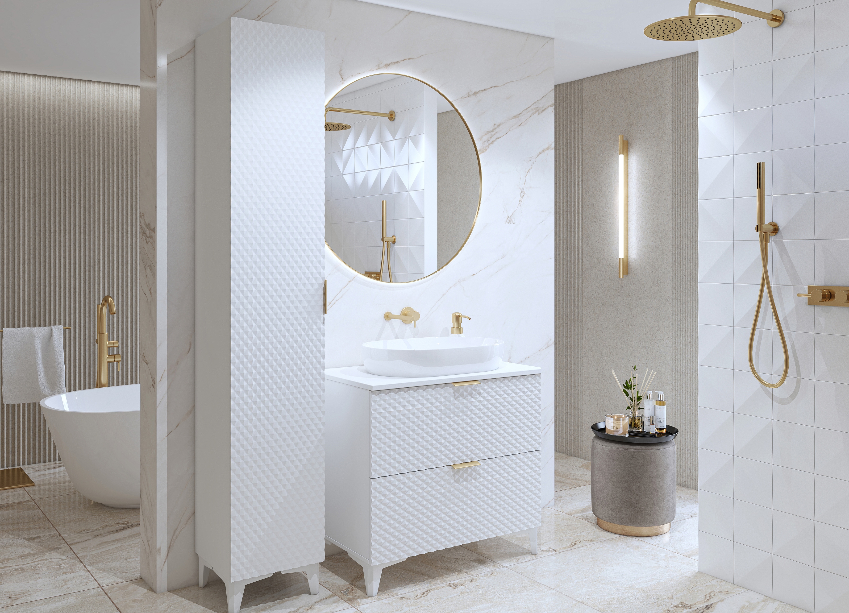 Kúpeľňový nábytok Laura IV - biela / biely mat Komplet nábytku lazienkowych Laura IV - biela / biela mat piramidki