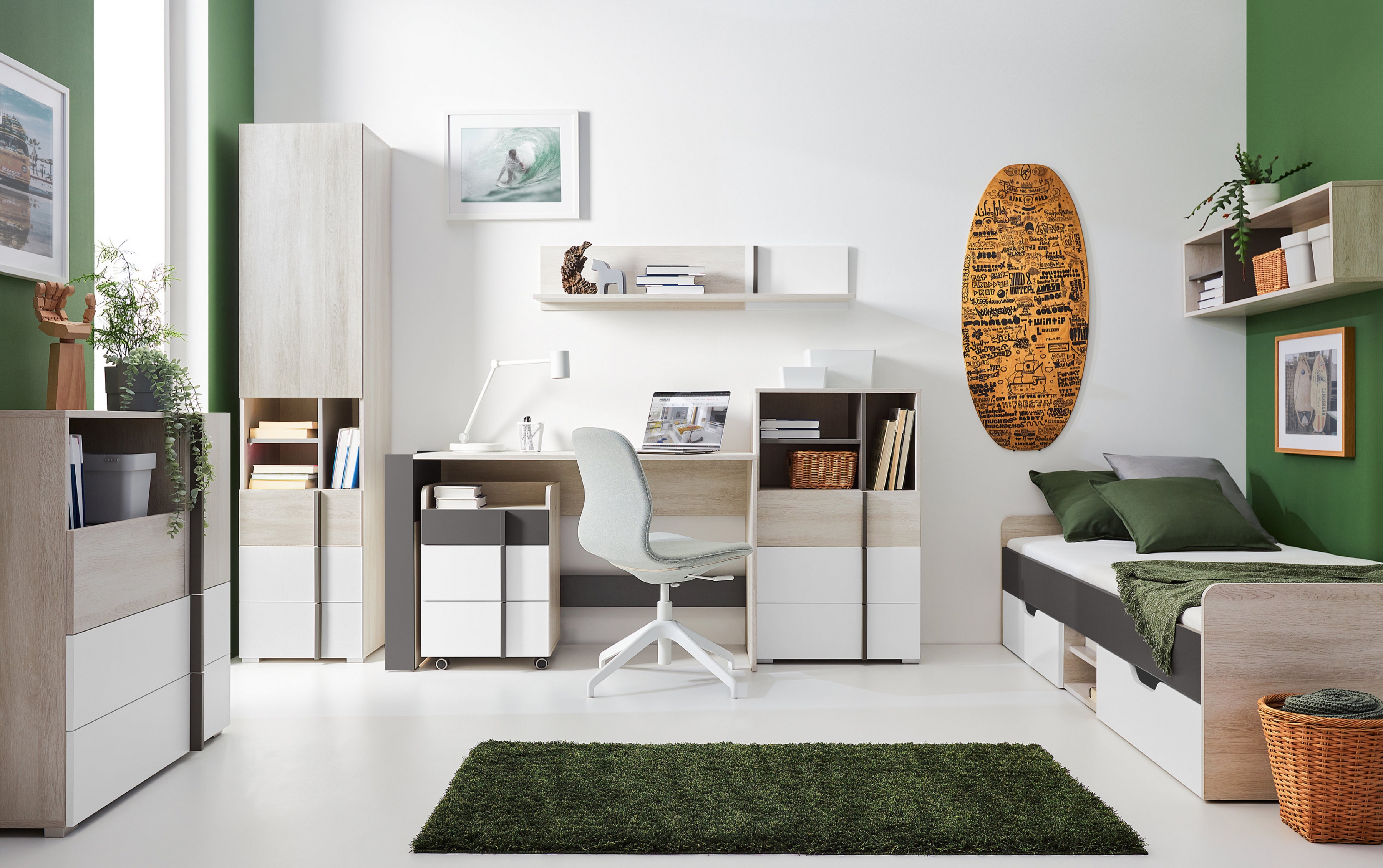 Študentská zostava Lumo I s posteľou 90x200 cm - dub wilton biely / biely lux / antracit Komplet nábytku mlodziezowych Lumo I - Dub wilton biela / biela lux / Antracytová