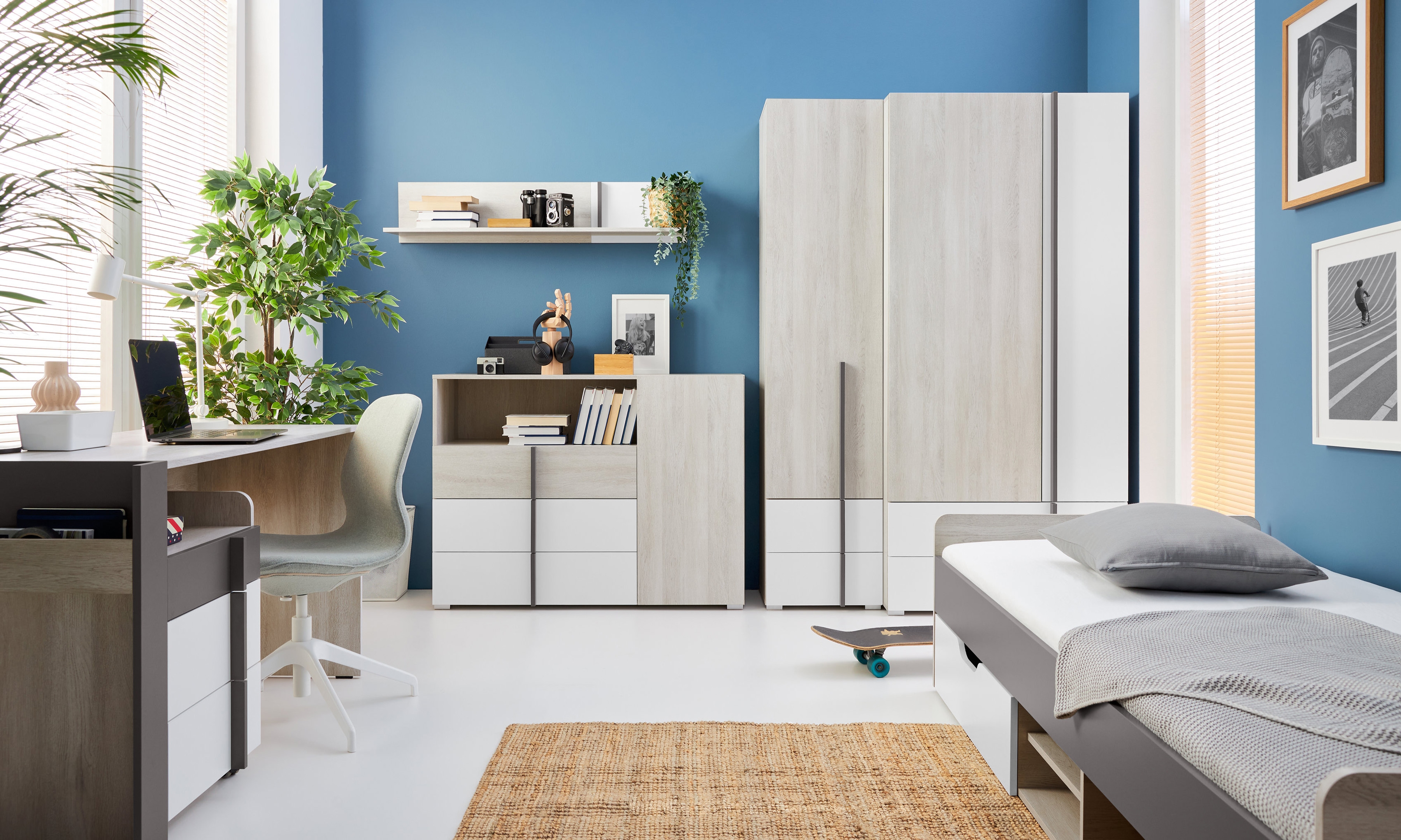 Študentská nábytková zostava Lumo IV s posteľou 120x200 cm - dub wilton biely / biely lux / antracit Komplet nábytku mlodziezowych Lumo IV z lozkiem 120x200 cm - Dub wilton biela / biela lux / Antracytová