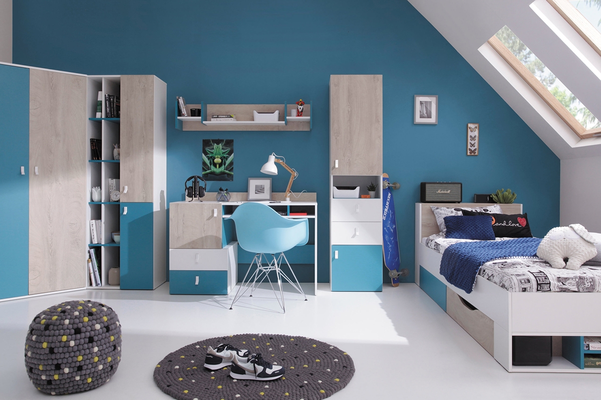 Studentský pokoj Planet A - bílá lux / dub / mořská Izba do mladé