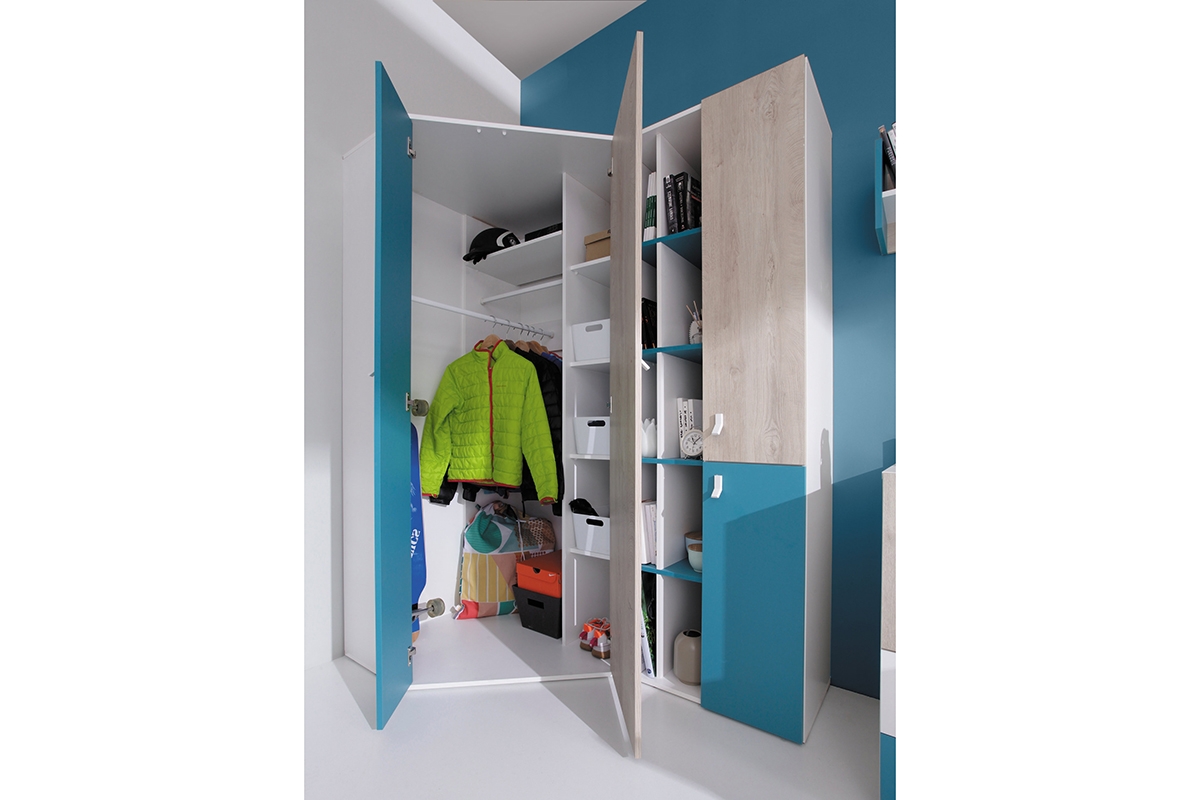 Studentský pokoj Planet A - bílá lux / dub / mořská prostorná šatní skříň