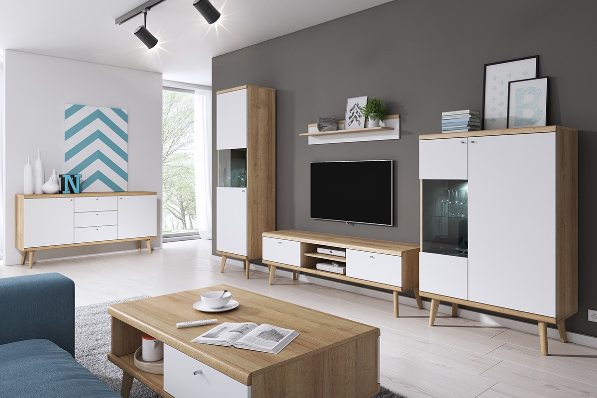 Sestava nábytku do obývacího pokoje Promi - bílý mat / dub riviera Bílý Nábytek do obývacího pokoje