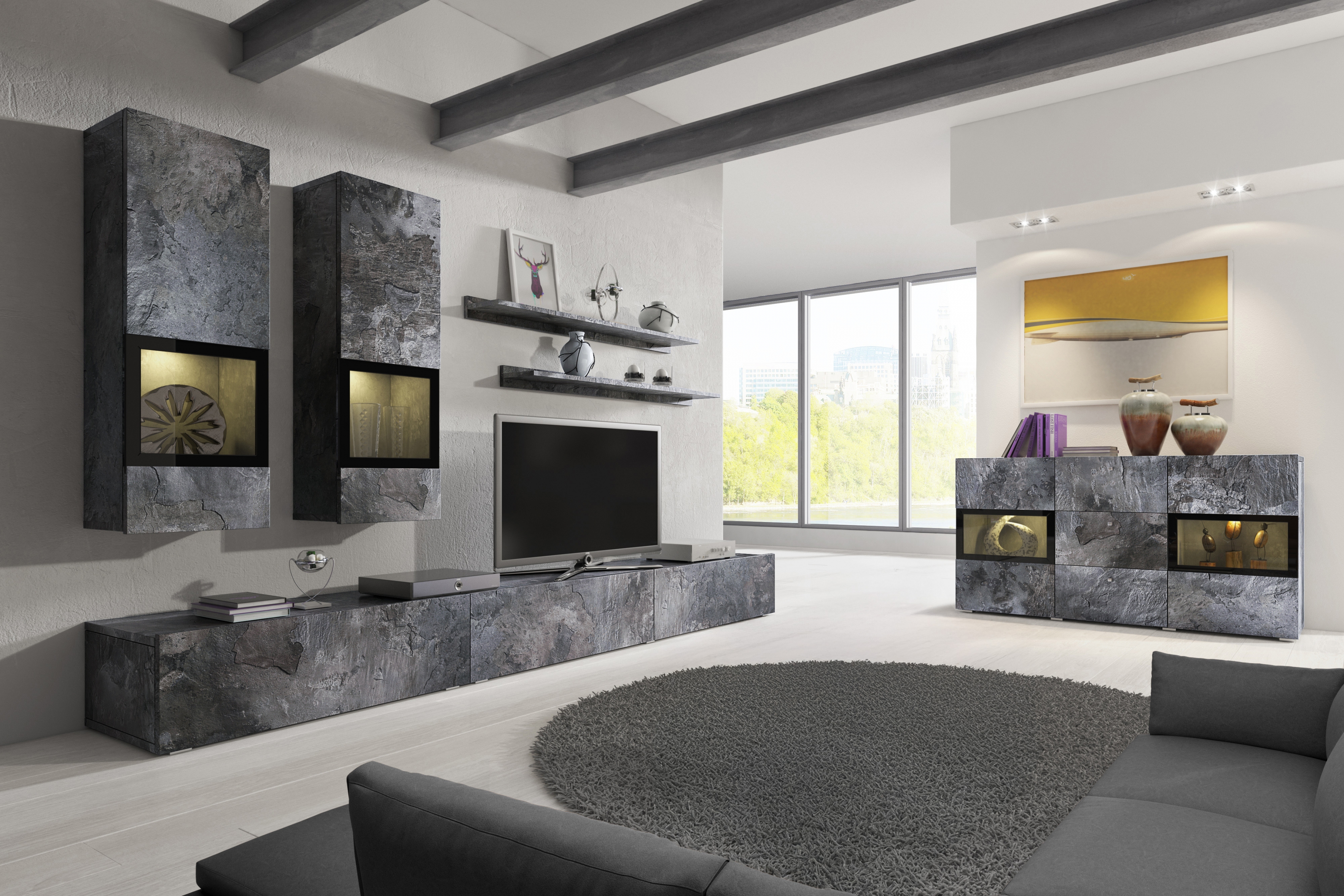 Komplet Obývacia stena i Komoda Baros - tmavý beton / schiefer Komplet Obývacia stena i Komoda Baros - tmavý beton / schiefer