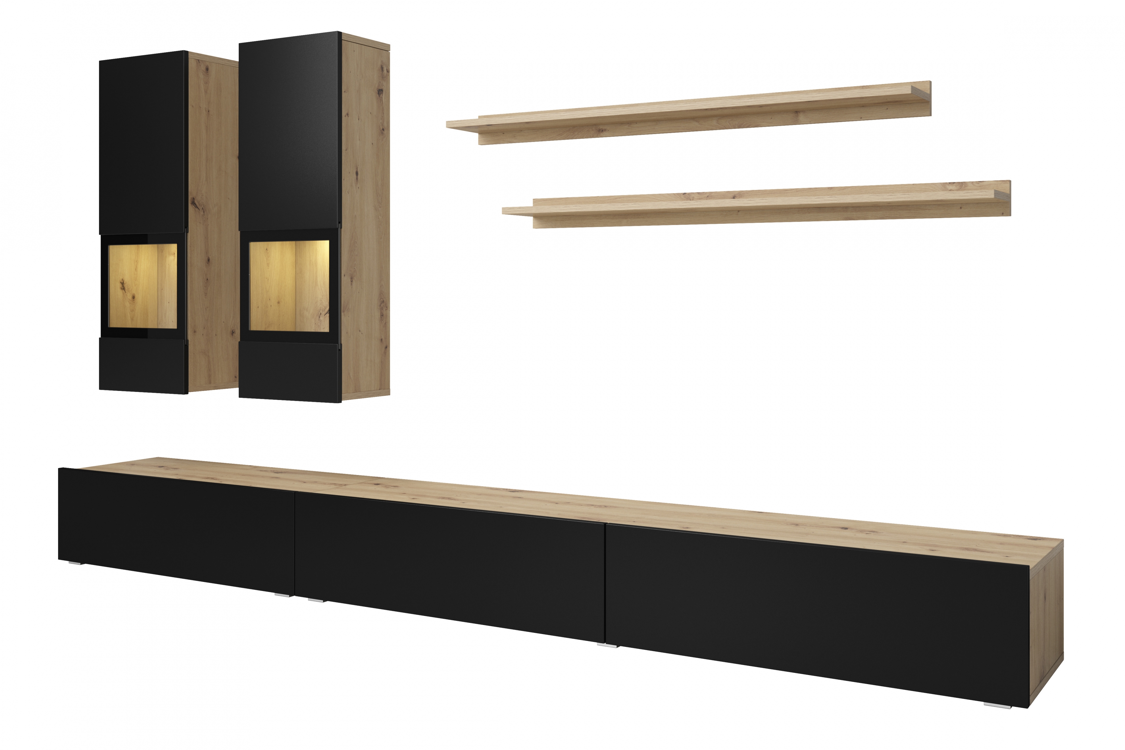 Obývací sestava Baros obývací stěna + komoda - dub artisan / černý mat Komplet Obývací stěna i Komoda Baros - dub artisan / černá mat