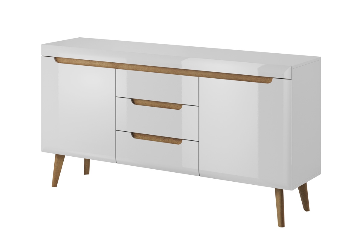 Zostava moderného nábytku Dorin - biely lesk / Dub riviera Zostava moderného nábytku do obývačky Dorin - biely lesk / dub riviera - Dvojdverová komoda so zásuvkami Dorin 160