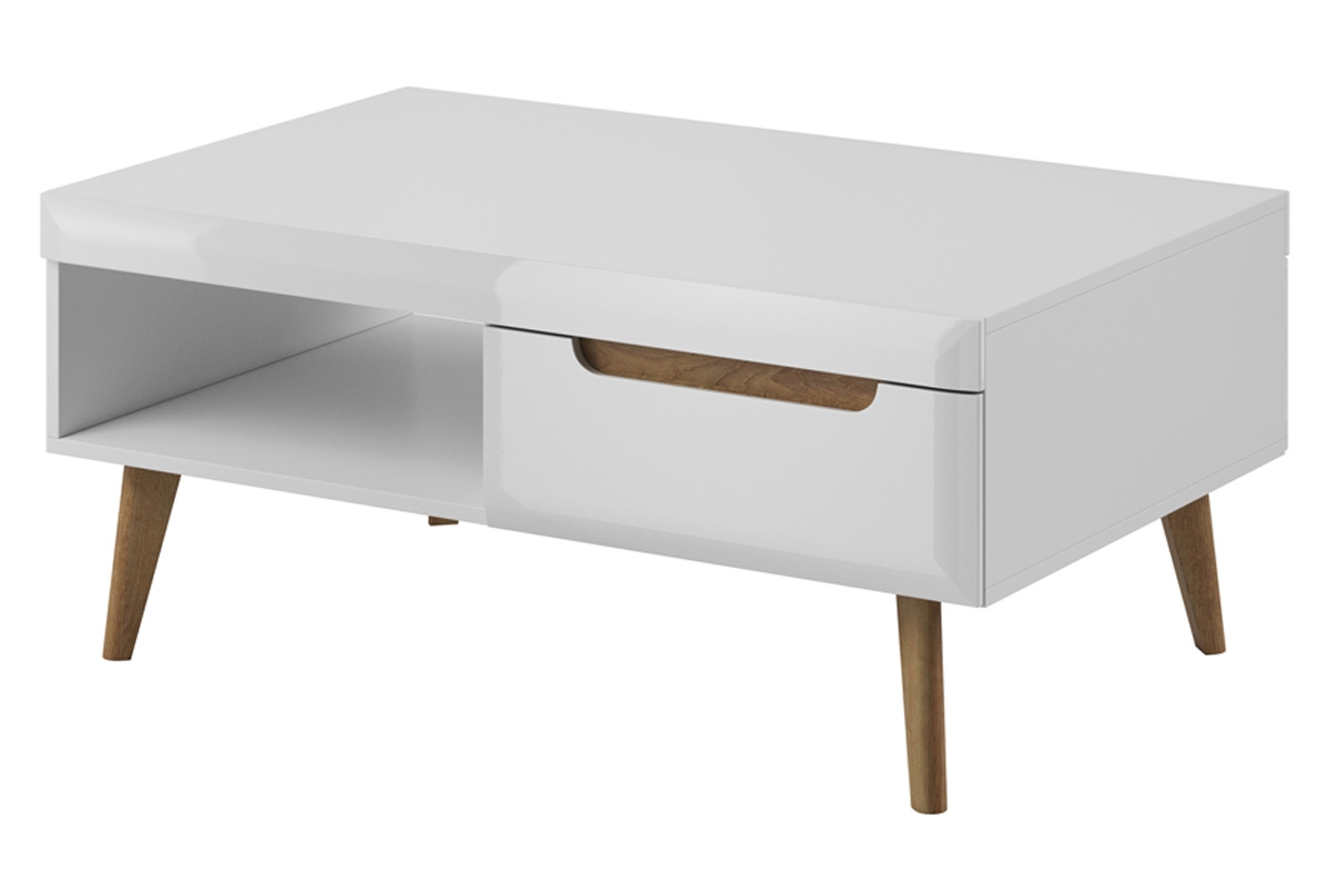 Zostava moderného nábytku Dorin - biely lesk / Dub riviera Zostava moderného nábytku do obývačky Dorin - biely lesk / dub riviera - konferenčný stolík so zásuvkou Dorin 107