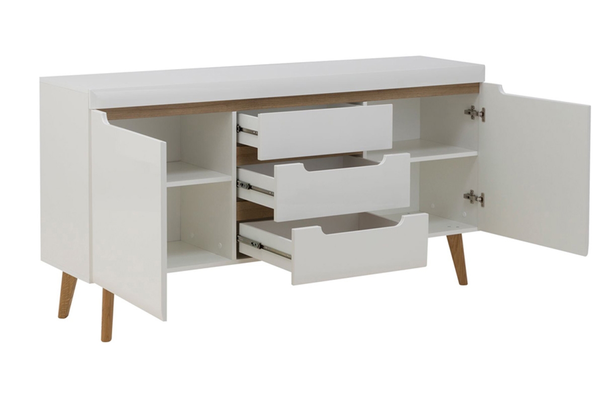 Zostava moderného nábytku Dorin - biely lesk / Dub riviera Zostava moderného nábytku do obývačky Dorin - biely lesk / dub riviera - Dvojdverová komoda so zásuvkami Dorin 160 - vnútro