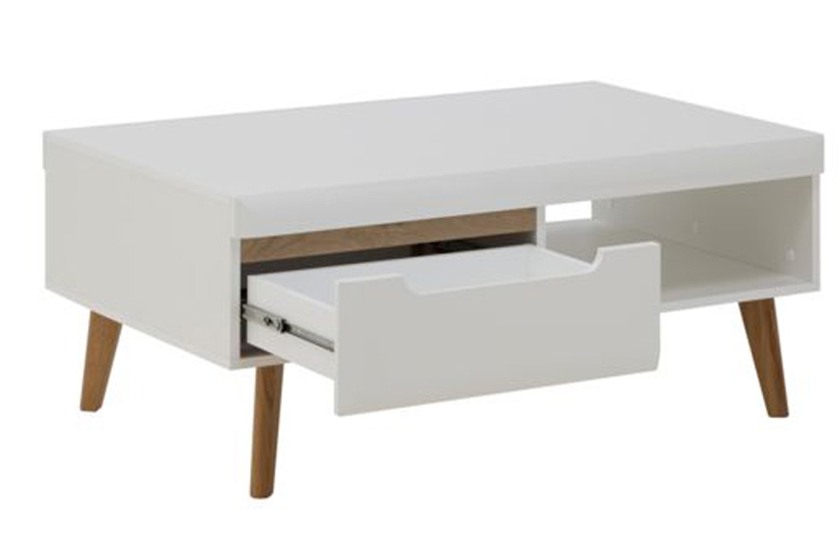 Zostava moderného nábytku Dorin - biely lesk / Dub riviera Zostava moderného nábytku do obývačky Dorin - biely lesk / dub riviera - konferenčný stolík so zásuvkou Dorin 107